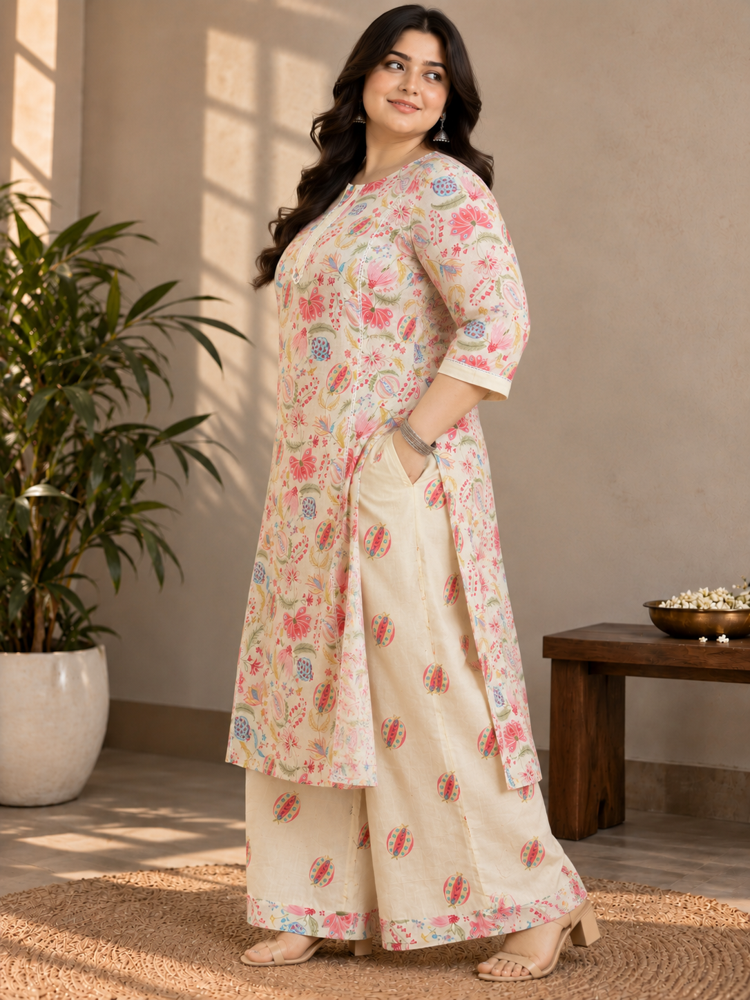 U&F Beyond Women’s Plus Size Multicolor Floral Printed Cotton Kurta Set