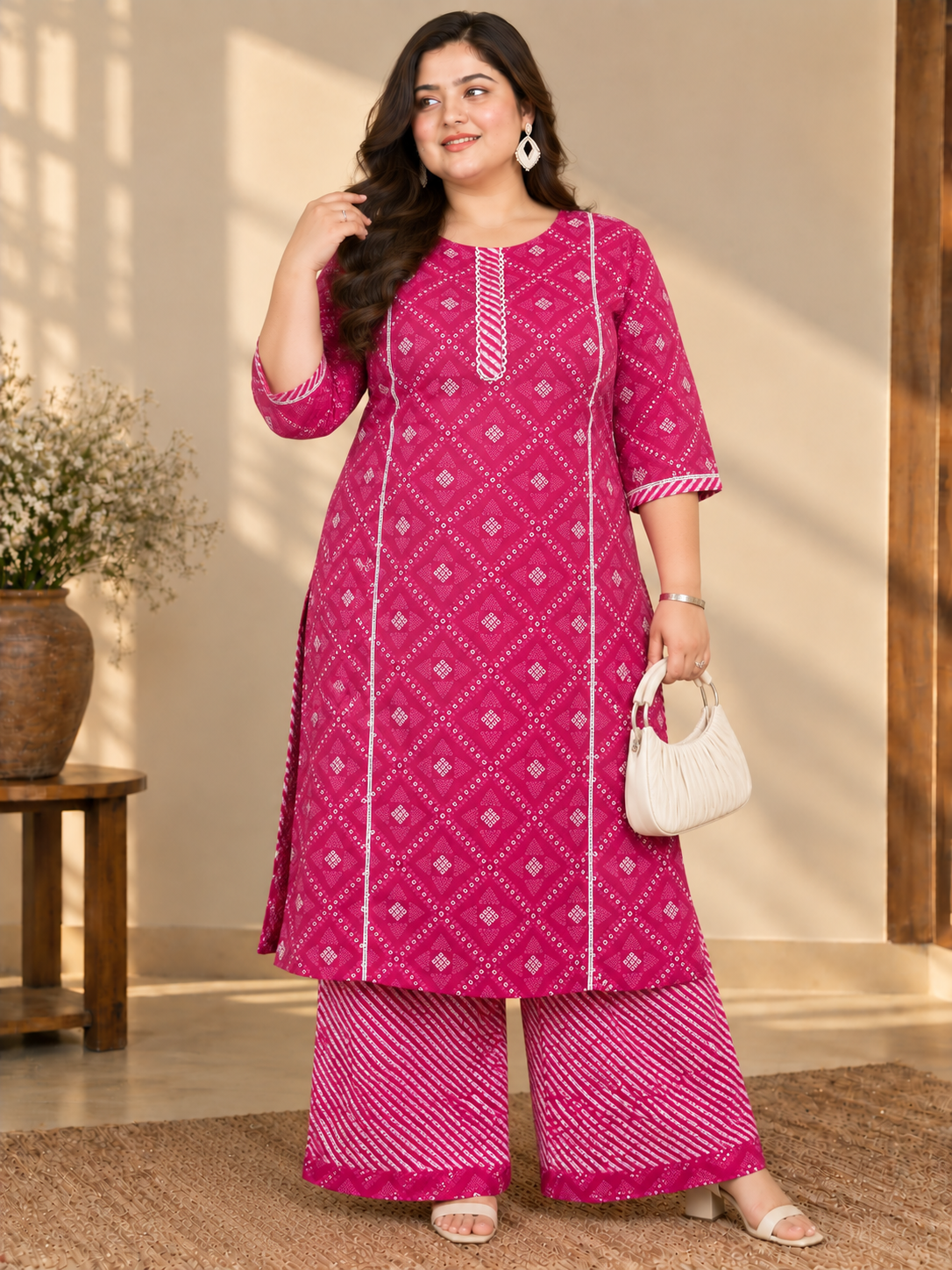 U&F Beyond Plus Size Pink Printed Cotton Kurta Palazzo Set