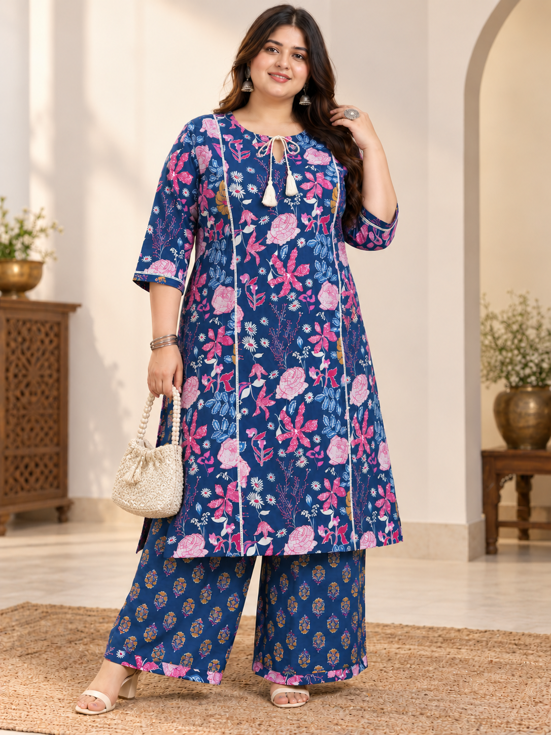 U&F Beyond Women Plus Size Blue Printed Cotton Keyhole Neck Kurta with Printed Palazzo Set