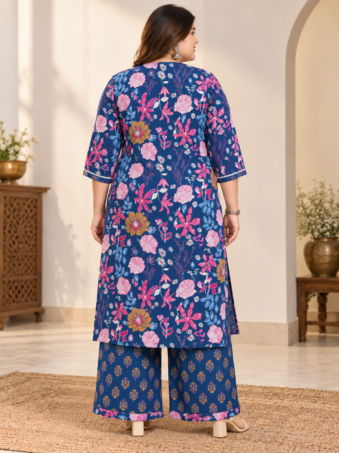 U&F Beyond Women Plus Size Blue Printed Cotton Keyhole Neck Kurta with Printed Palazzo Set