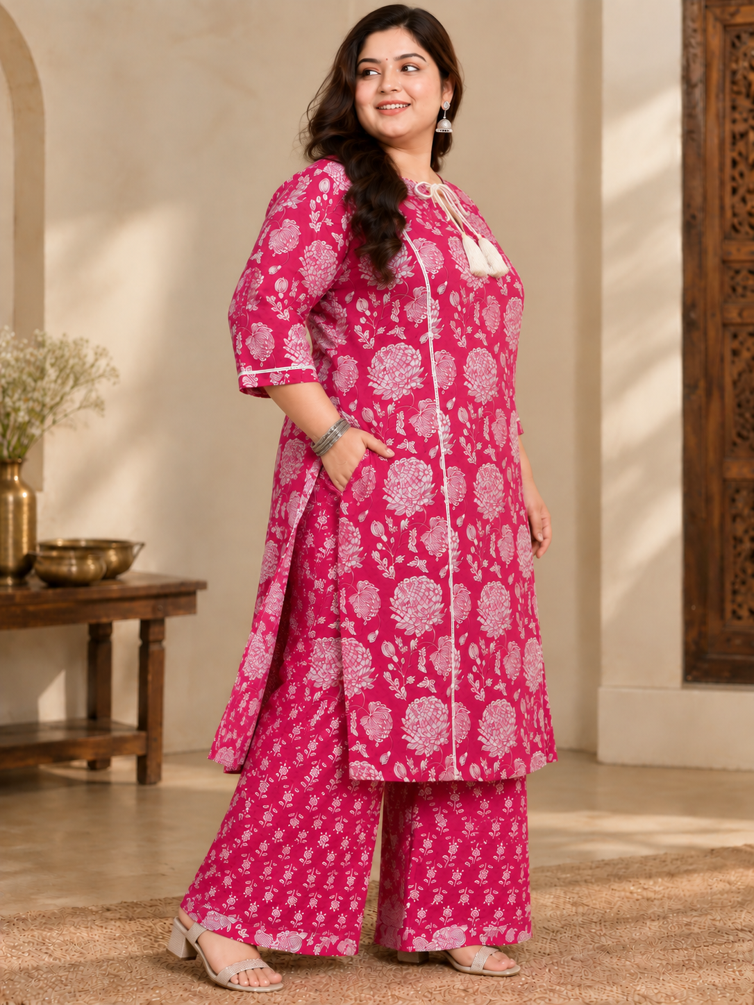 U&F Beyond Women Plus Size Magenta Pink Printed Cotton Keyhole Neck Kurta with Printed Palazzo Set
