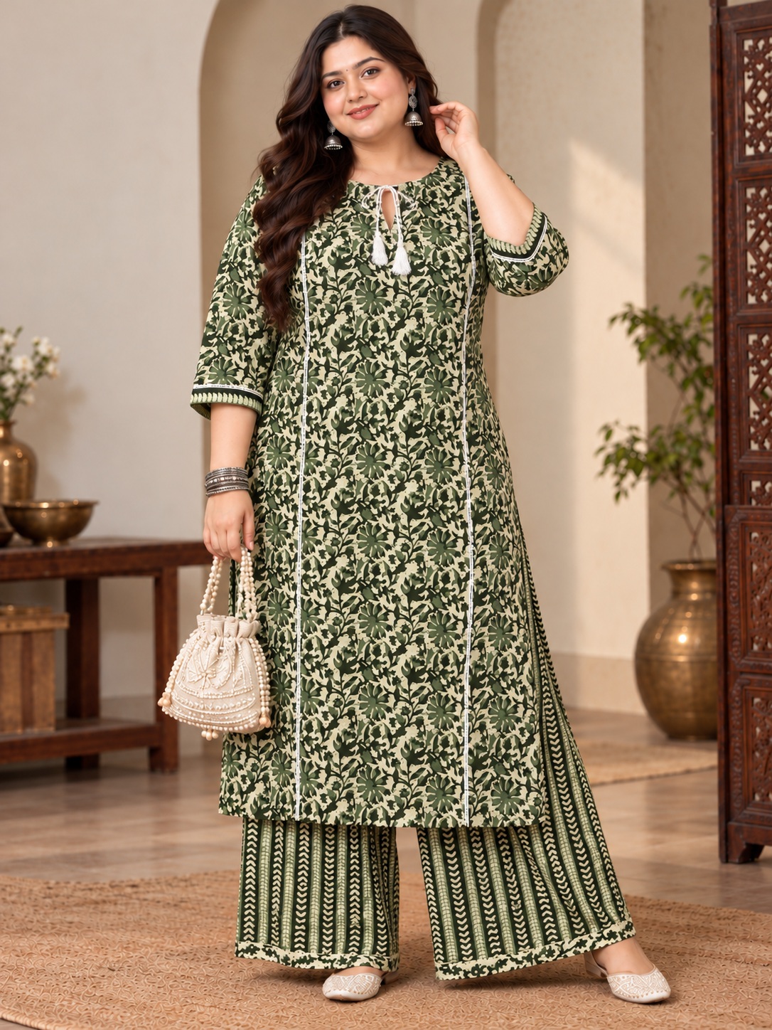 U&F Beyond Plus Size Green Floral Cotton Straight Kurta & Wide-Leg Palazzo Set