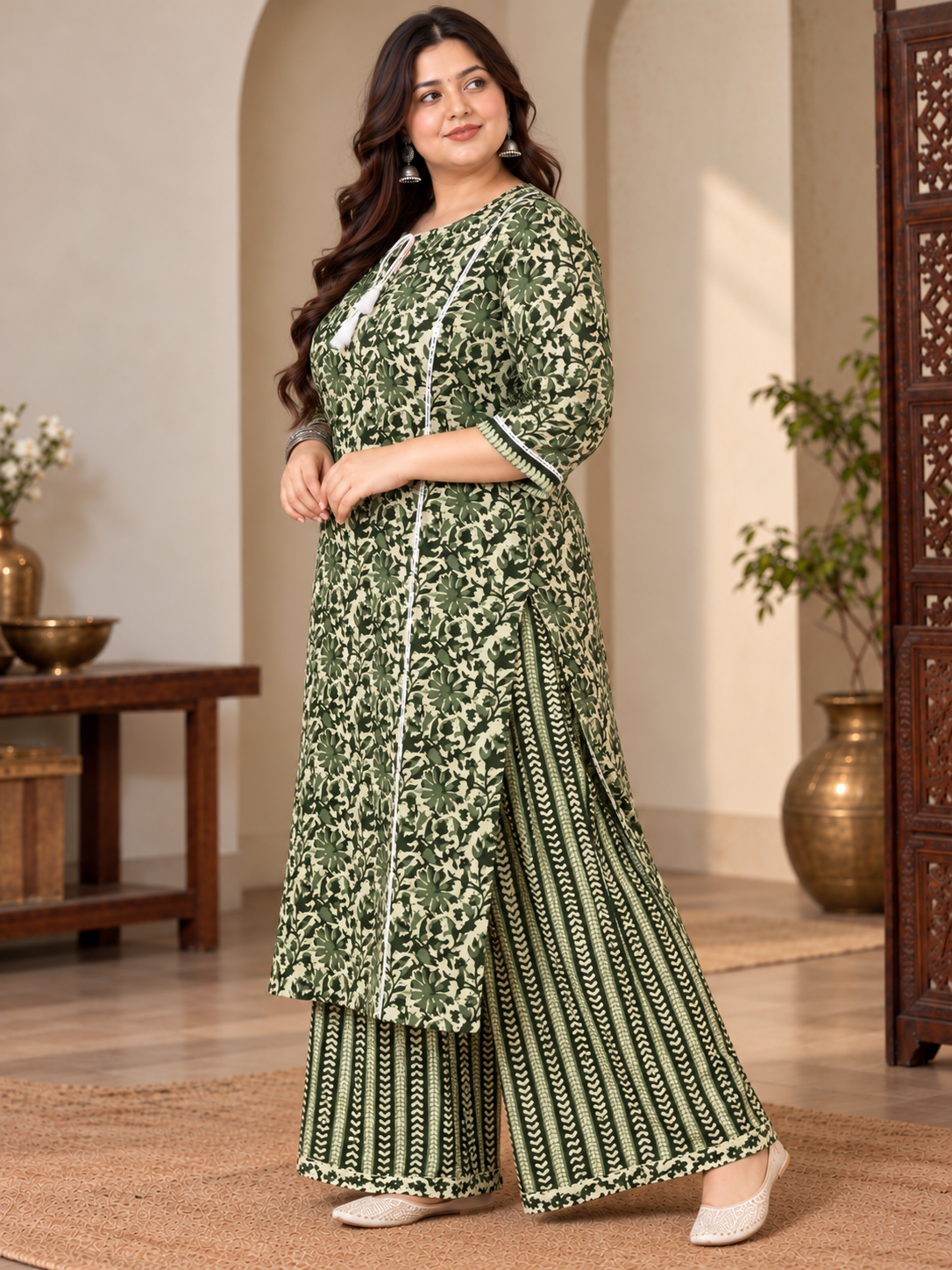 U&F Beyond Plus Size Green Floral Cotton Straight Kurta & Wide-Leg Palazzo Set