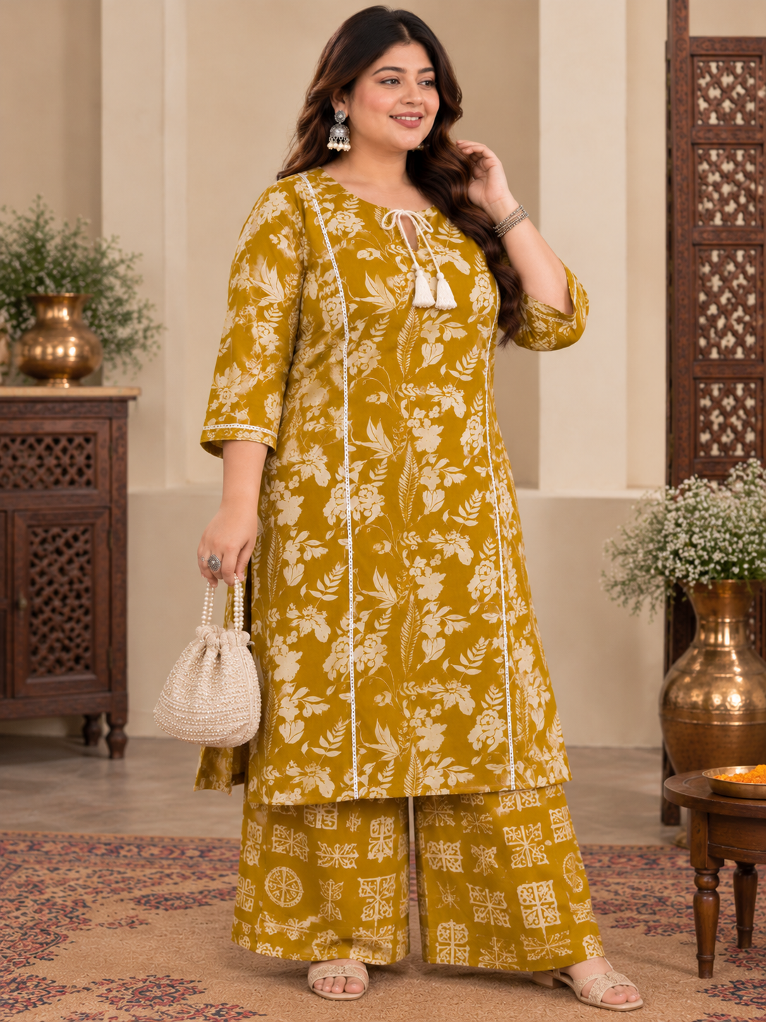 U&F Beyond Women Plus Size Mustard Yellow Printed Cotton Keyhole Neck Kurta with Printed Palazzo Set