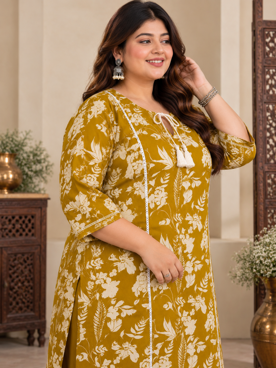 U&F Beyond Women Plus Size Mustard Yellow Printed Cotton Keyhole Neck Kurta with Printed Palazzo Set