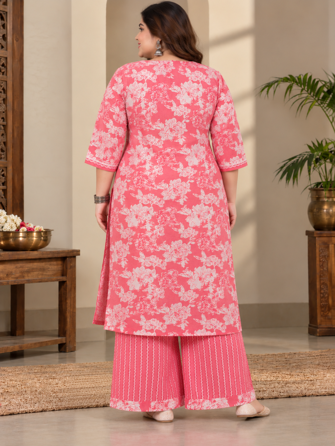 U&F Beyond Women Plus Size Pink Printed Cotton Keyhole Neck Kurta with Printed Palazzo Set