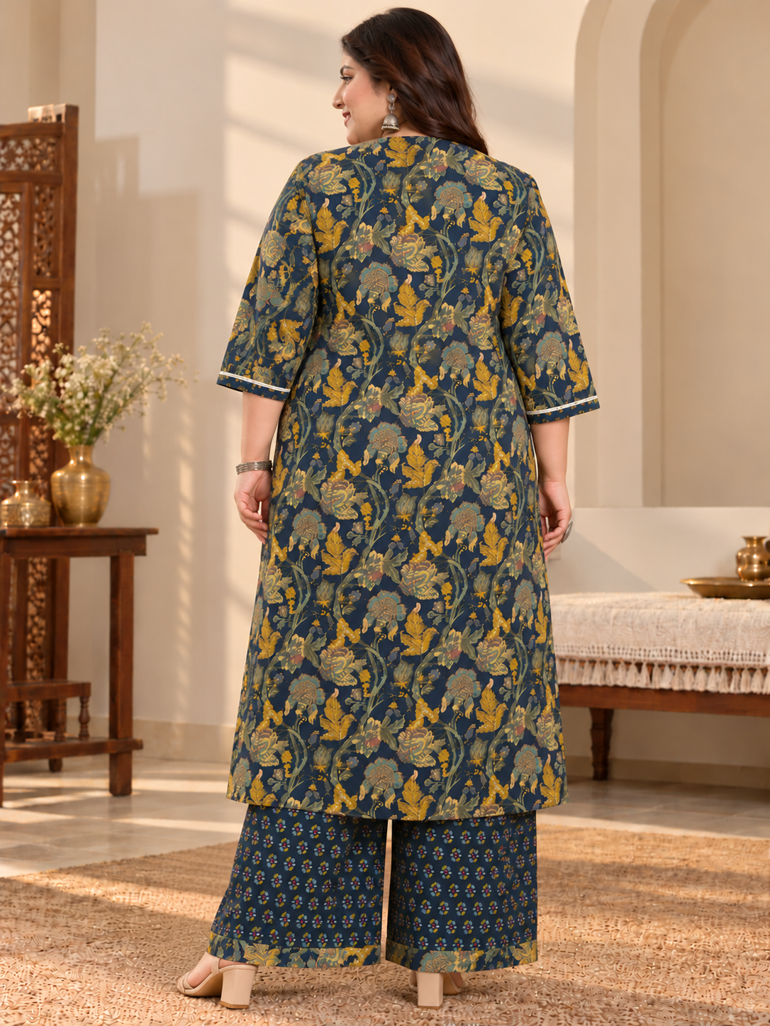 U&F Beyond Women Plus Size Navy Blue Printed Cotton Keyhole Neck Kurta with Printed Palazzo Set