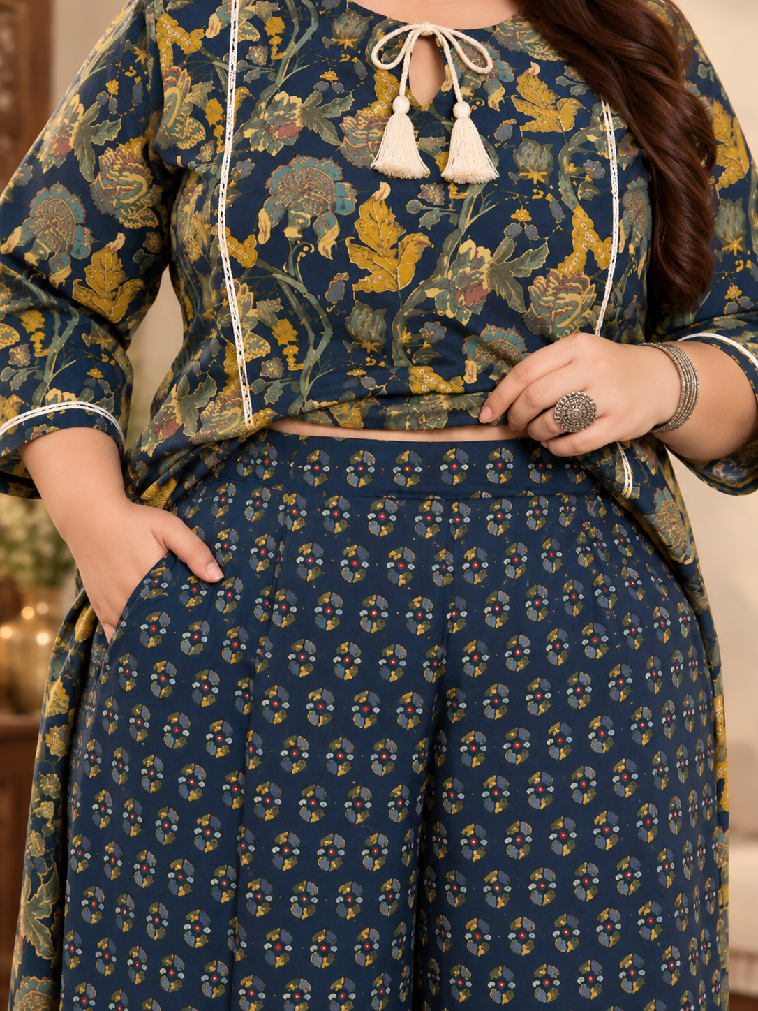 U&F Beyond Women Plus Size Navy Blue Printed Cotton Keyhole Neck Kurta with Printed Palazzo Set