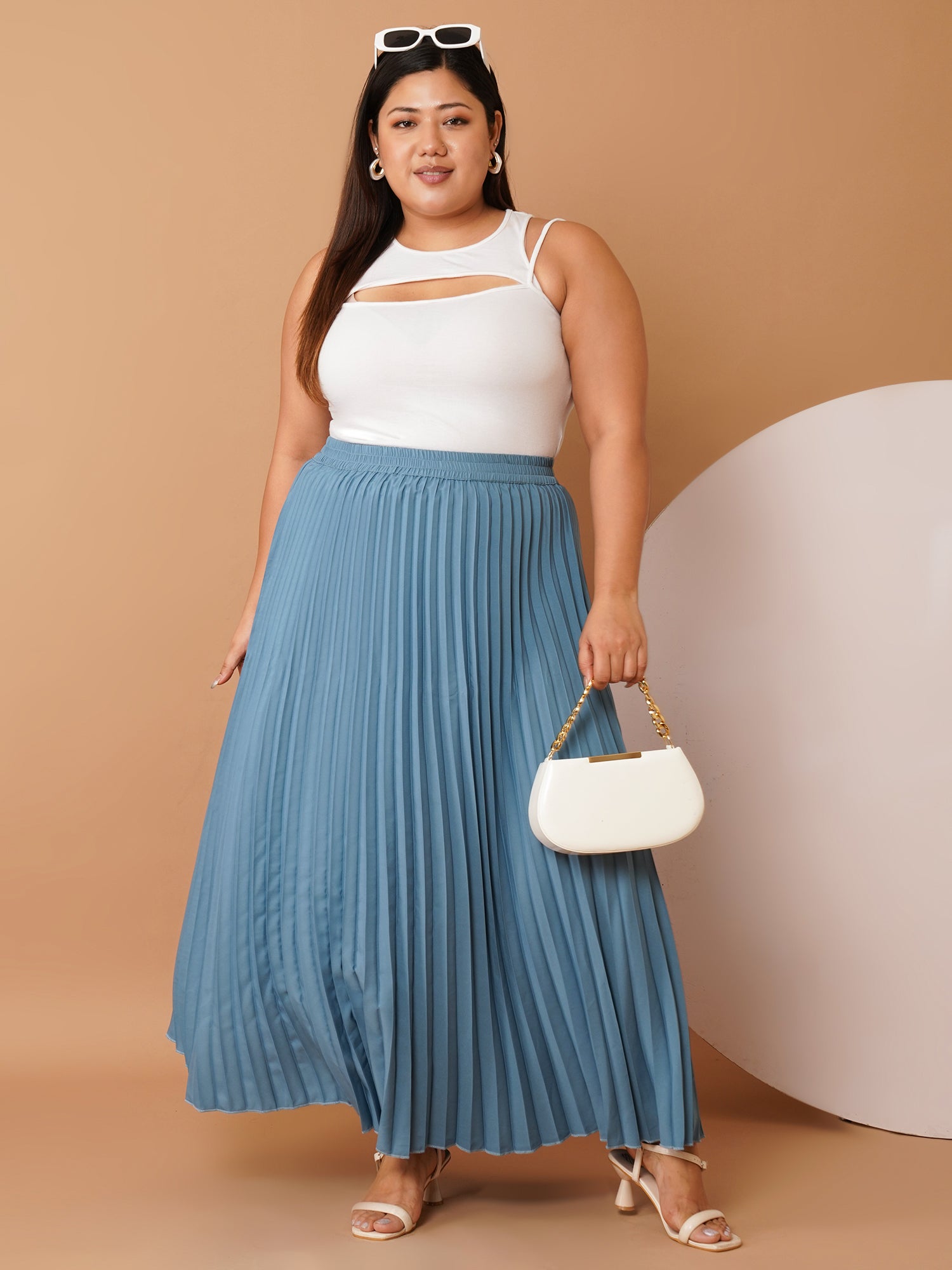 U&F Beyond Blue Crepe Pleated Maxi Skirt with Elastic Waistband