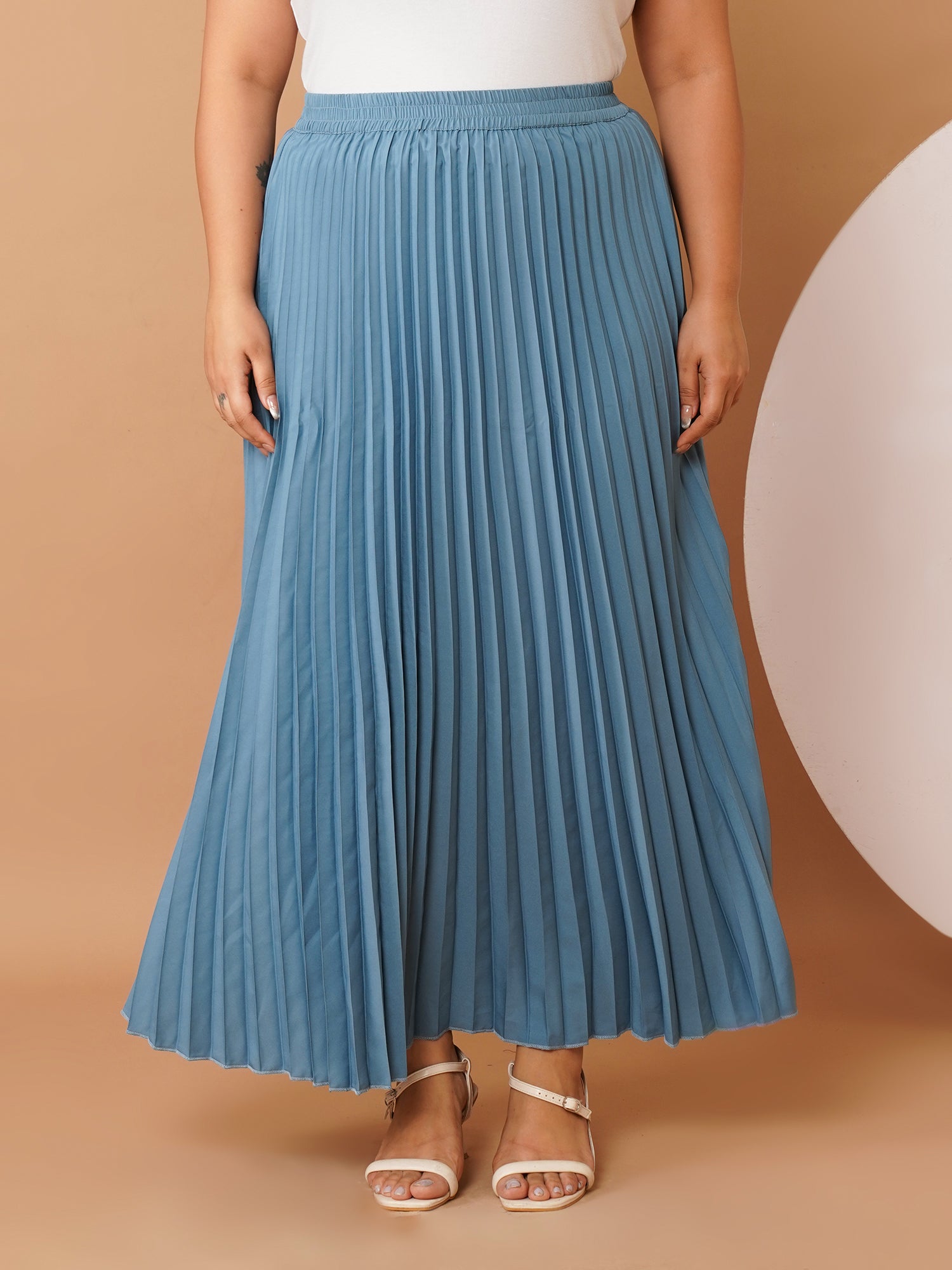 U&F Beyond Blue Crepe Pleated Maxi Skirt with Elastic Waistband