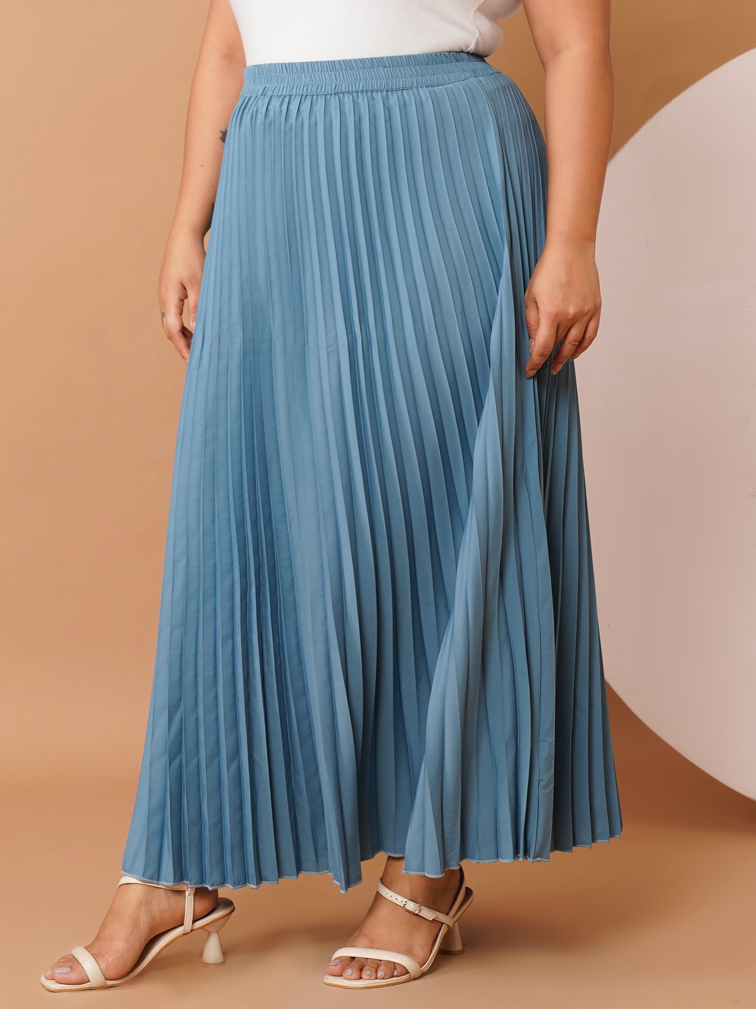 U&F Beyond Blue Crepe Pleated Maxi Skirt with Elastic Waistband