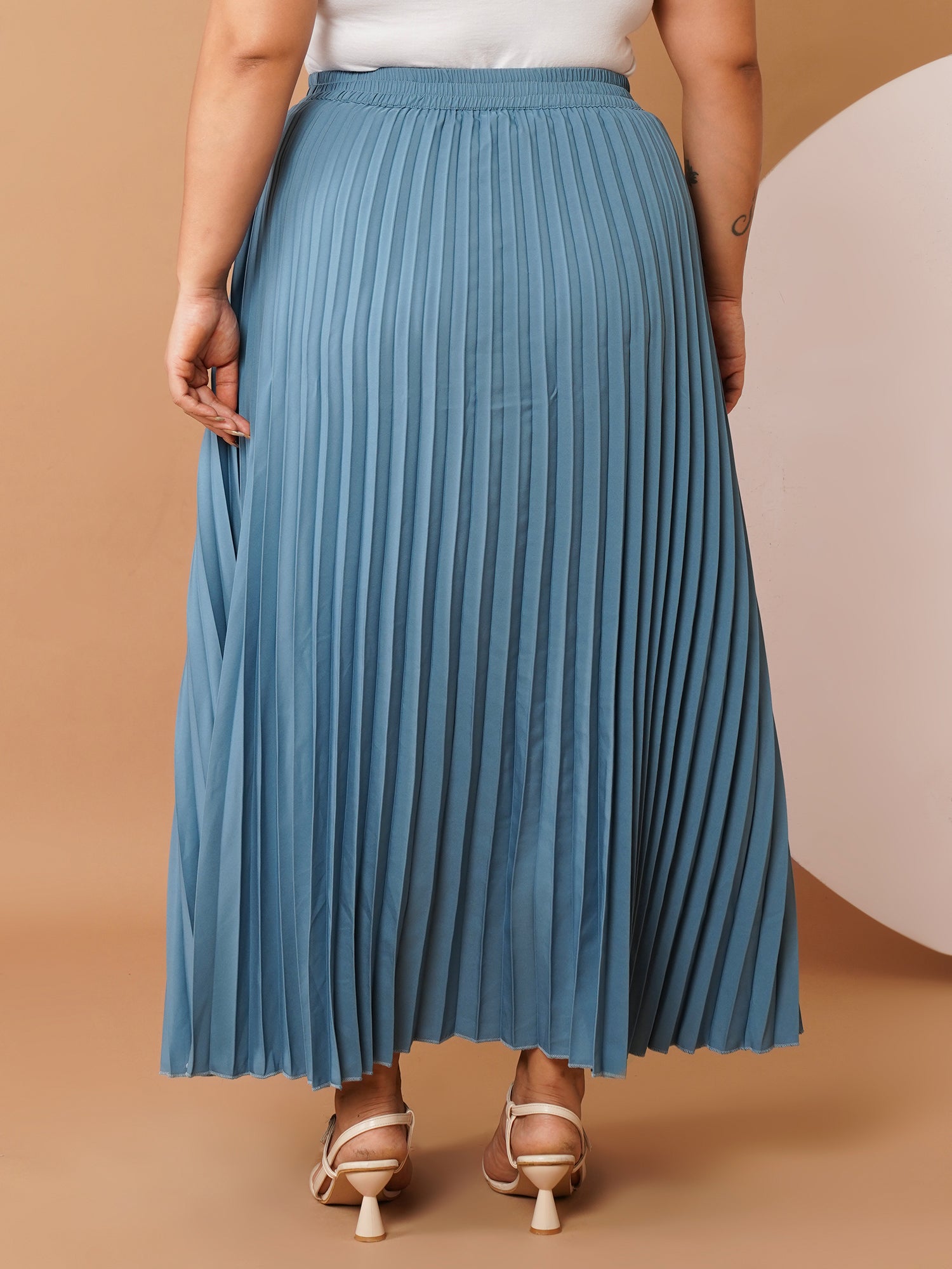 U&F Beyond Blue Crepe Pleated Maxi Skirt with Elastic Waistband