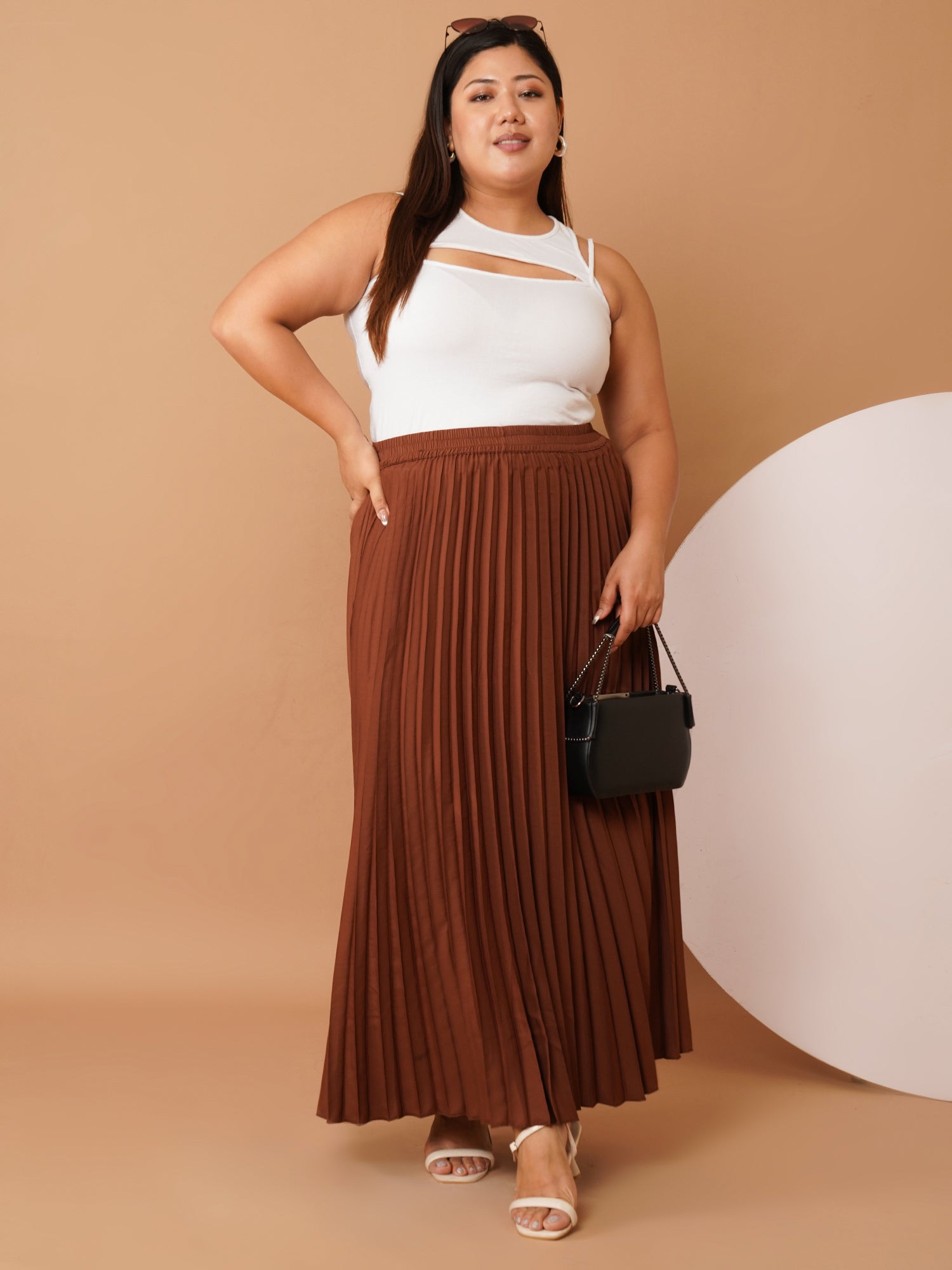 U&F Beyond Brown Crepe Pleated Maxi Skirt with Elastic Waistband