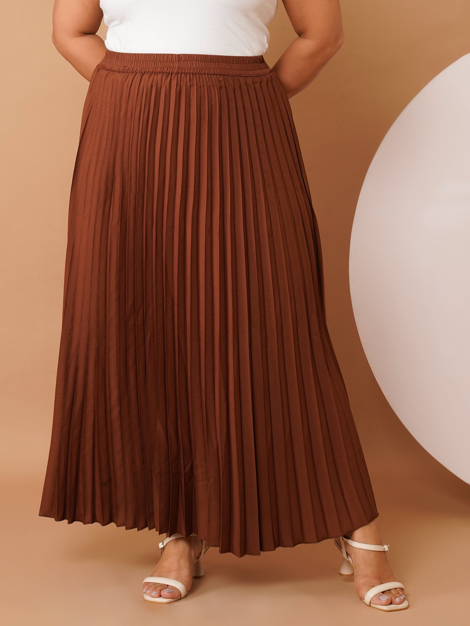 U&F Beyond Brown Crepe Pleated Maxi Skirt with Elastic Waistband