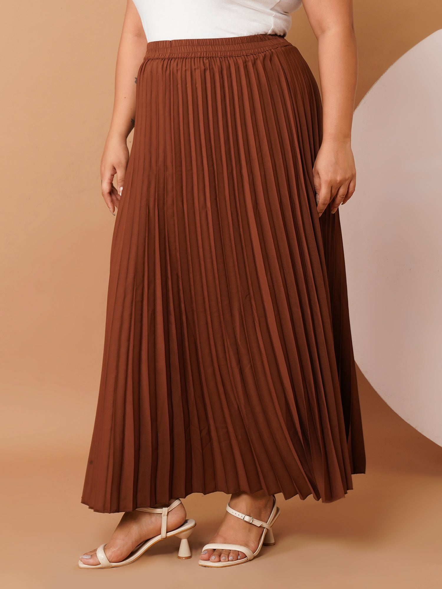 U&F Beyond Brown Crepe Pleated Maxi Skirt with Elastic Waistband