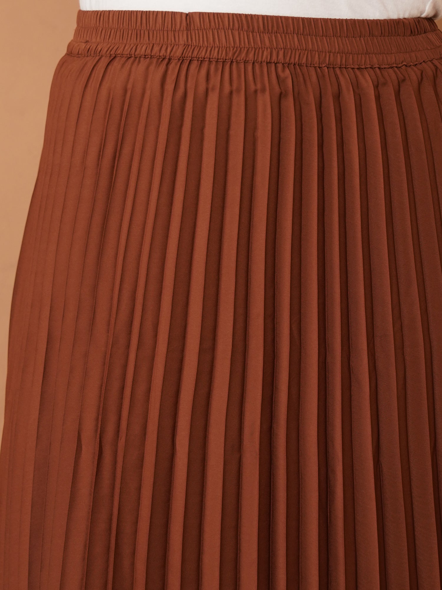 U&F Beyond Brown Crepe Pleated Maxi Skirt with Elastic Waistband