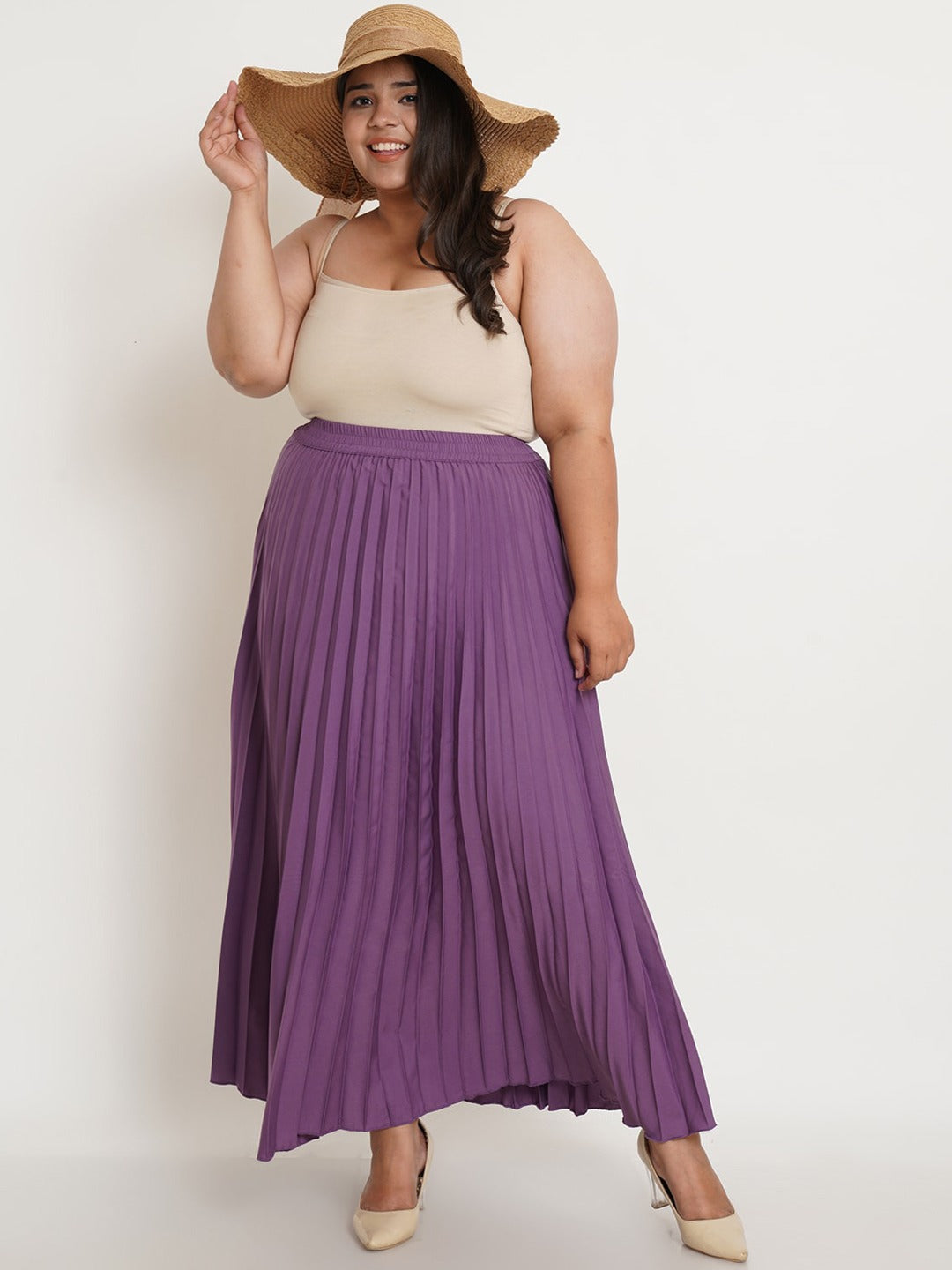 Women Plus Size Purple Solid Pleated Maxi Skirt