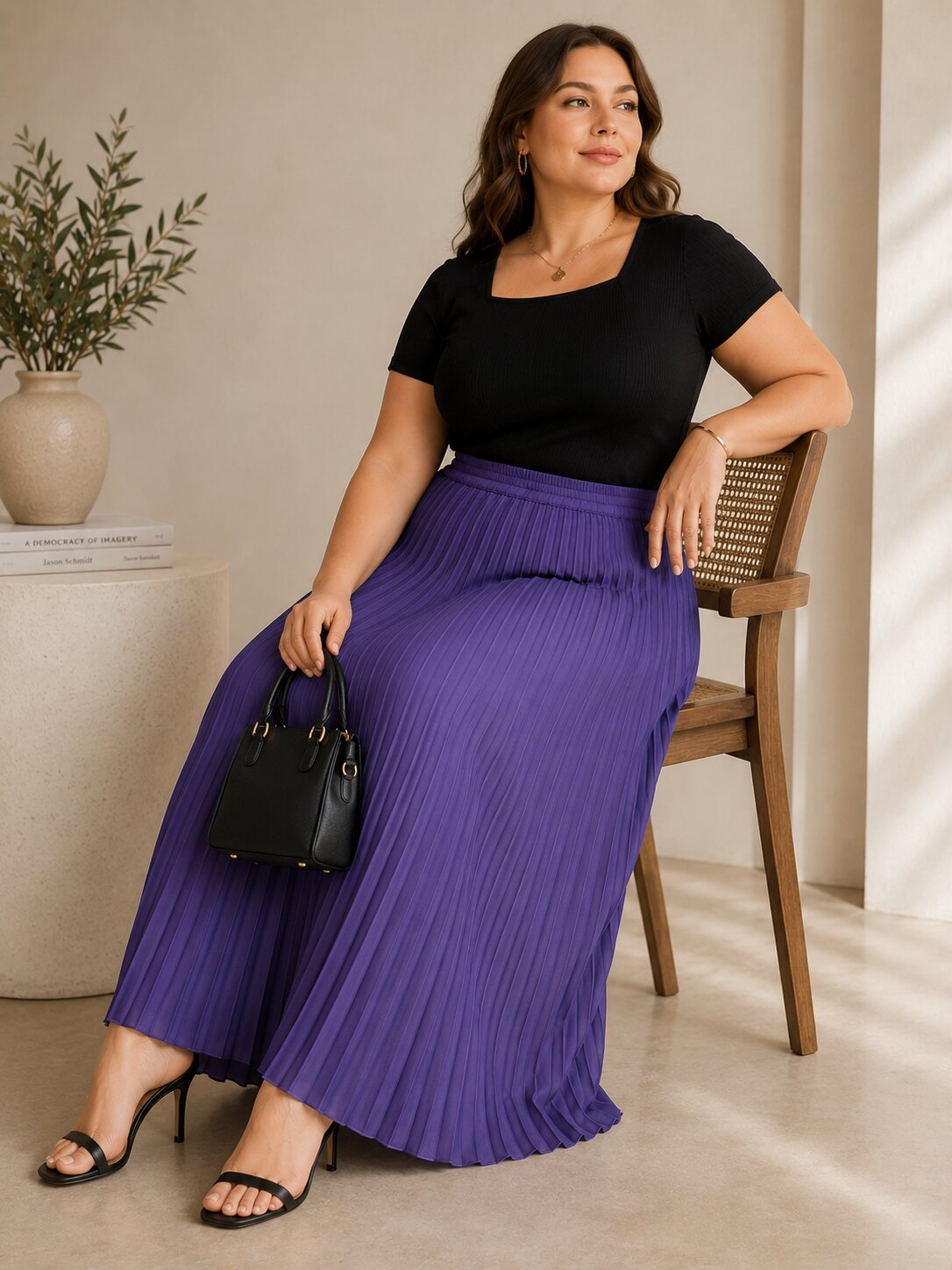U&F Beyond Purple Solid Pleated Plus Size Maxi Skirt