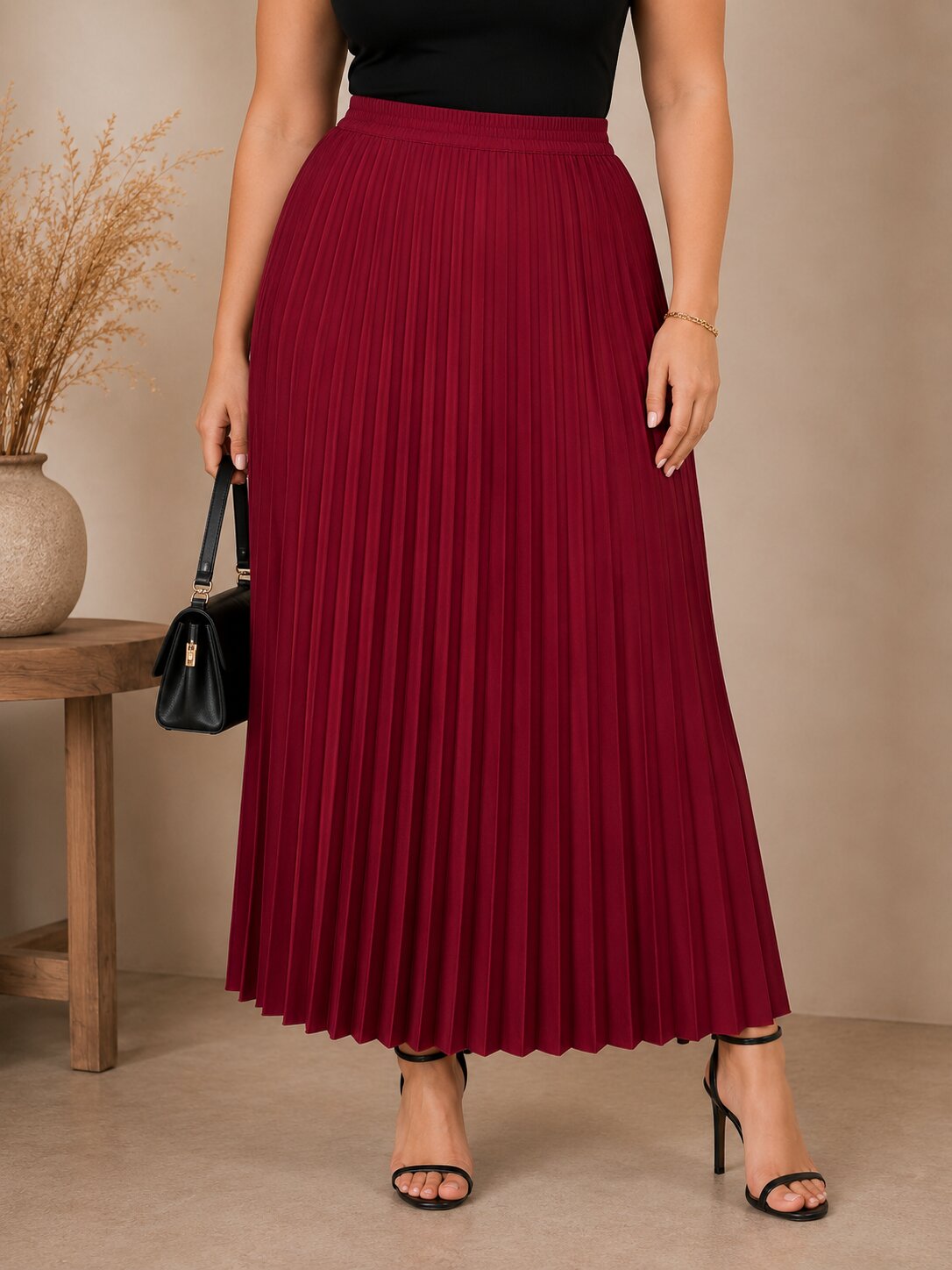 U&F Beyond Maroon Solid Flared Pleated Plus Size Maxi Skirt