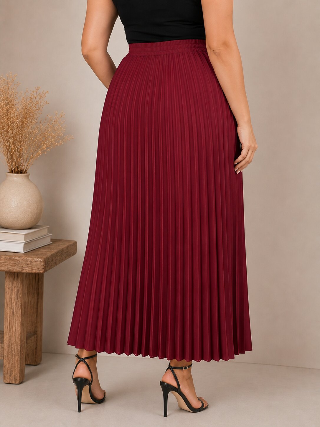U&F Beyond Maroon Solid Flared Pleated Plus Size Maxi Skirt
