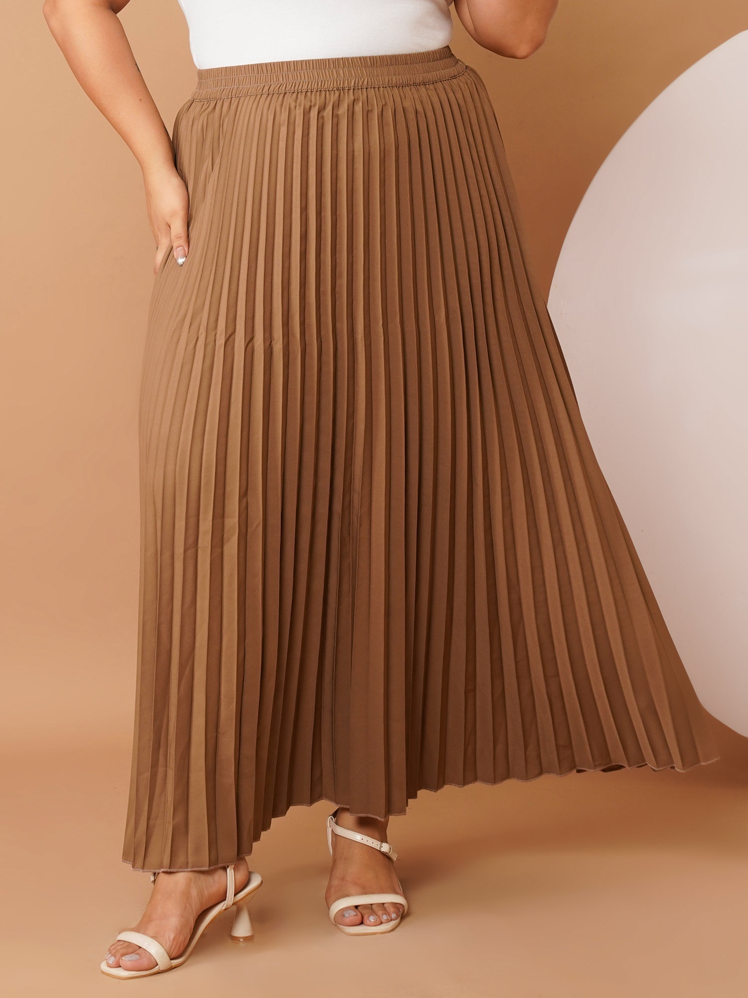 U&F Beyond Tan Crepe Pleated Maxi Skirt with Elastic Waistband