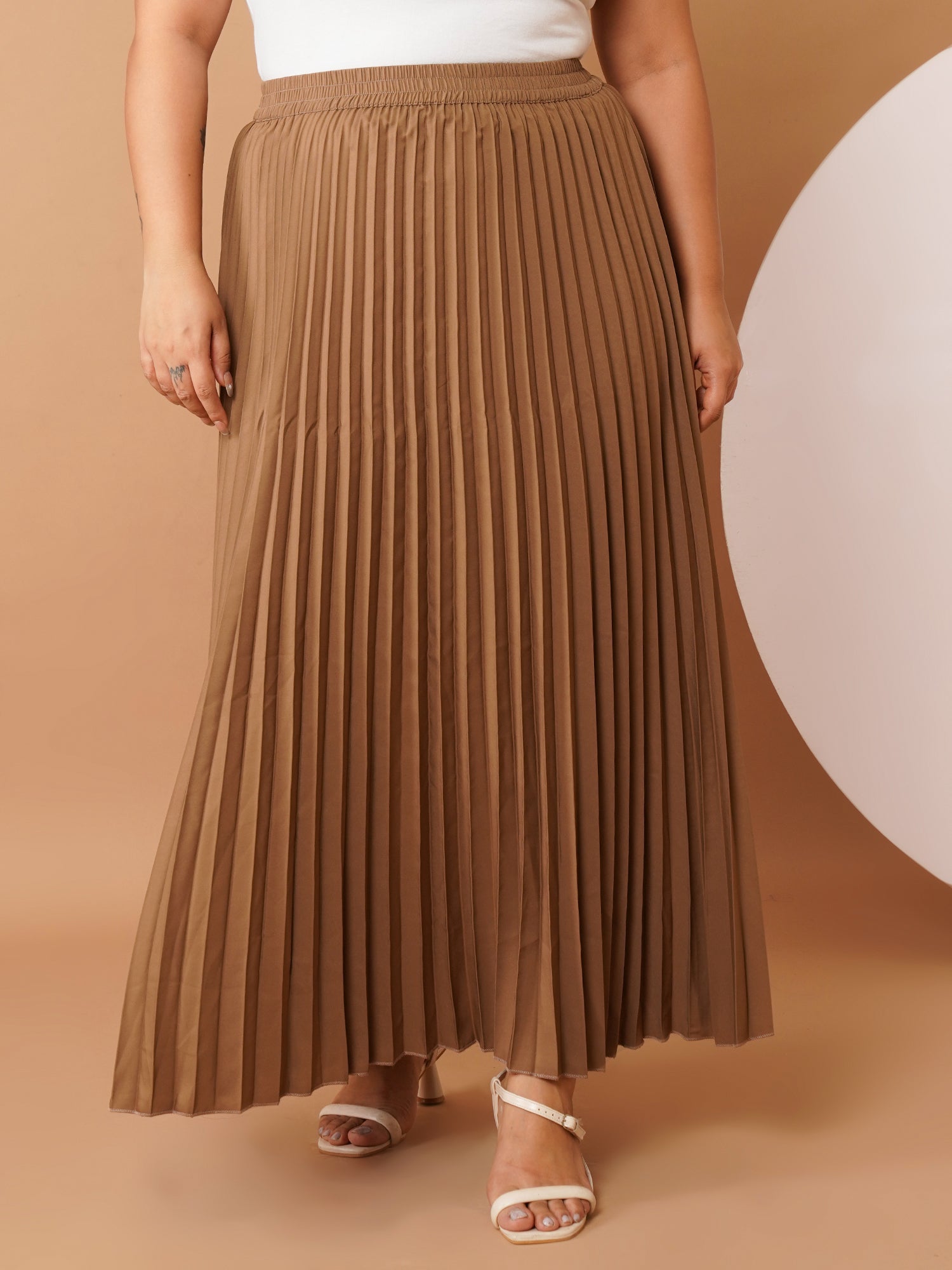 U&F Beyond Tan Crepe Pleated Maxi Skirt with Elastic Waistband