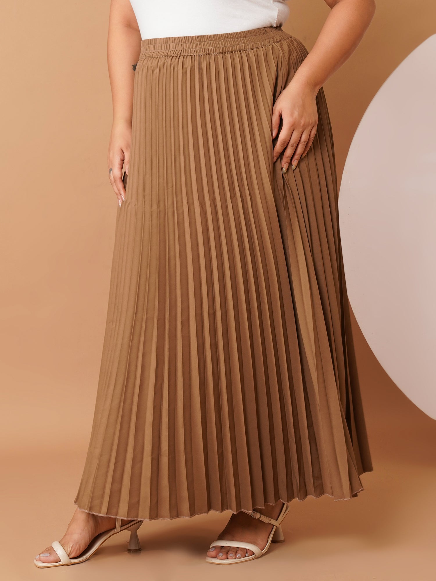 U&F Beyond Tan Crepe Pleated Maxi Skirt with Elastic Waistband