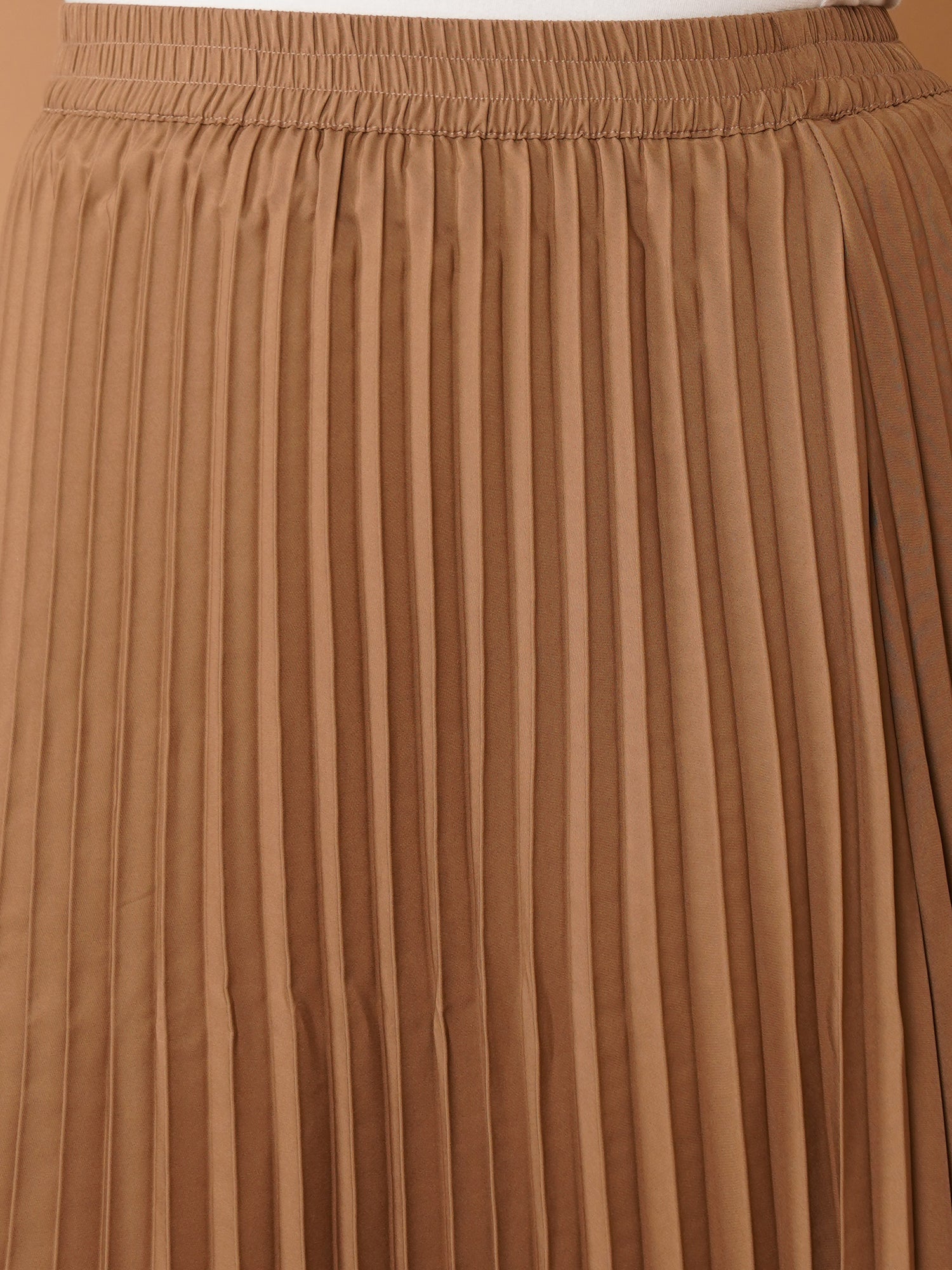 U&F Beyond Tan Crepe Pleated Maxi Skirt with Elastic Waistband