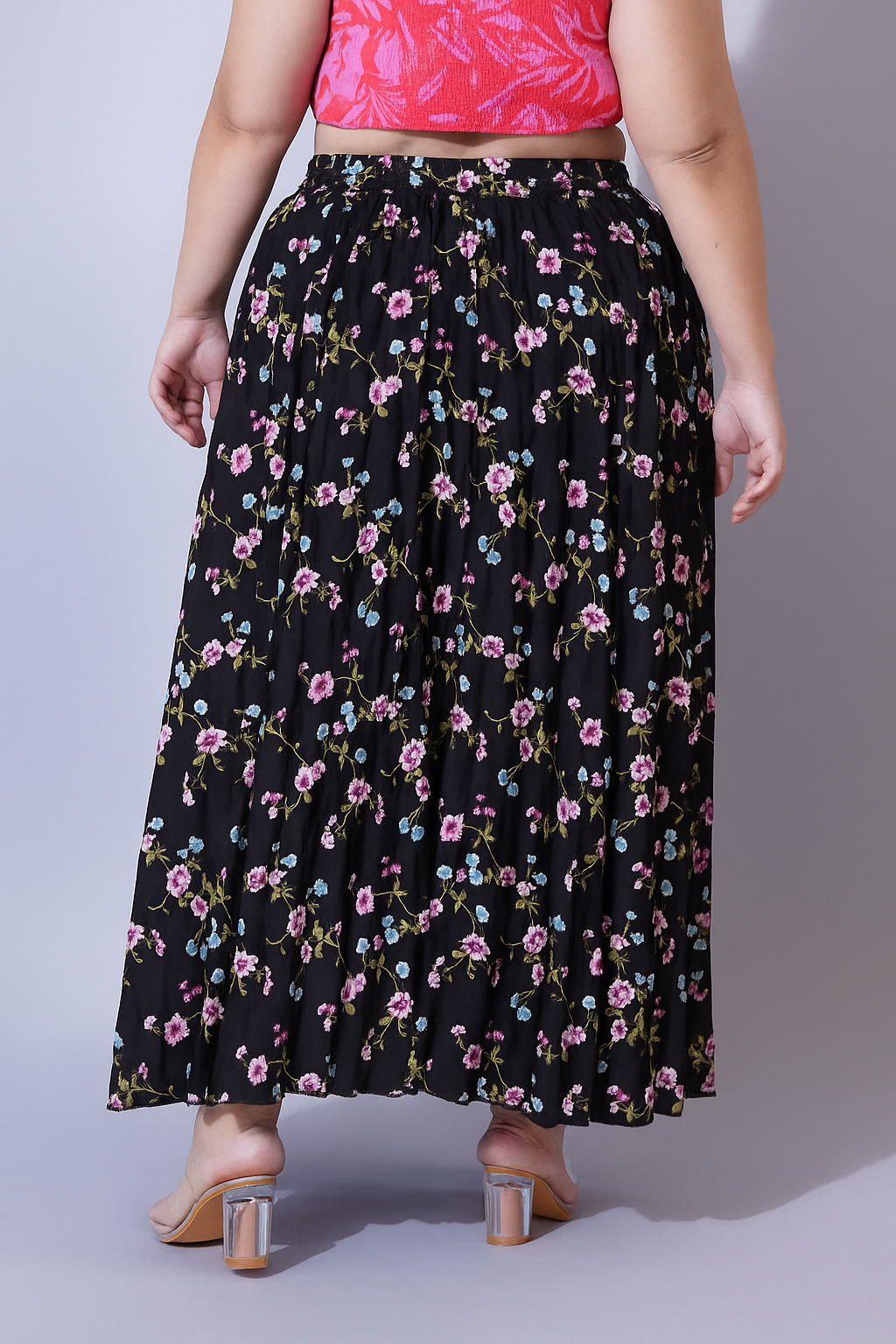 U&F Beyond Plus Size Women Black & Burgundy Floral Printed Pleated Flared Skirt