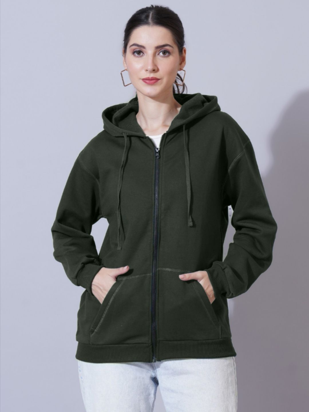 Women Green Cotton Solid Hooded Sweatshirt