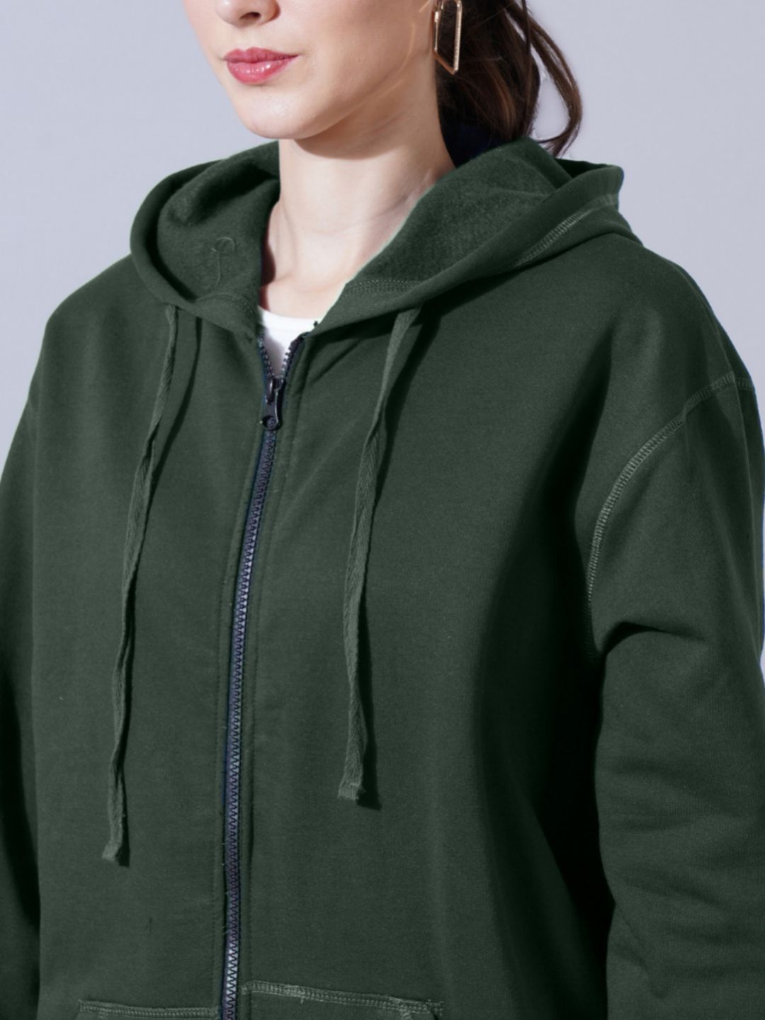 Women Green Cotton Solid Hooded Sweatshirt