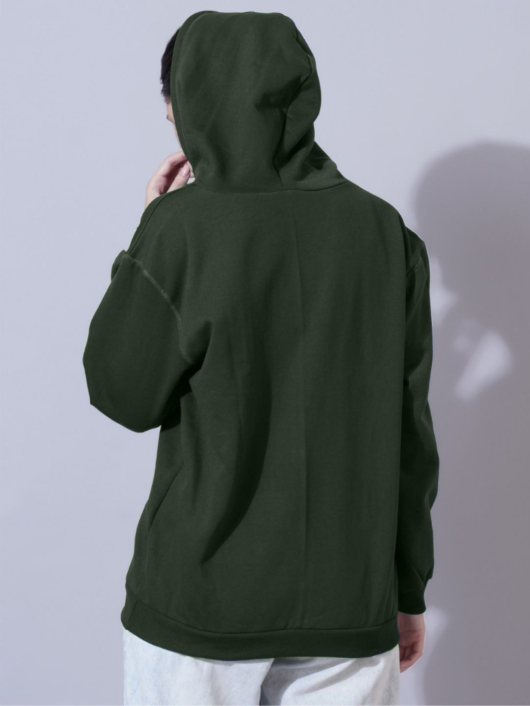 Women Green Cotton Solid Hooded Sweatshirt