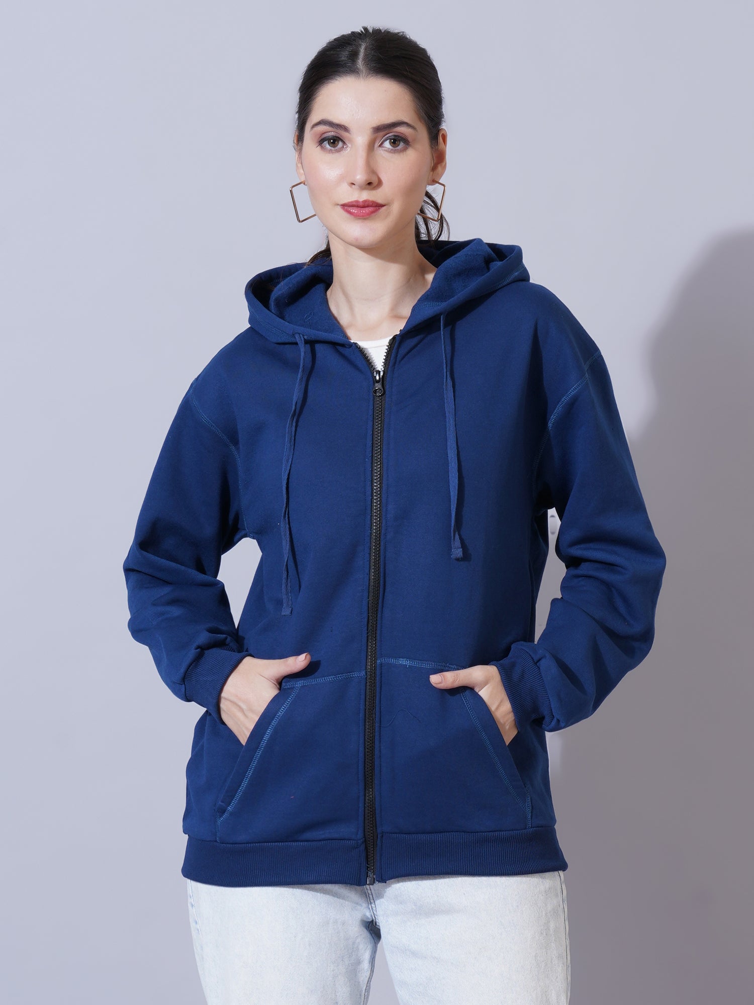 Women Navy Blue Hooded Sweatshirt