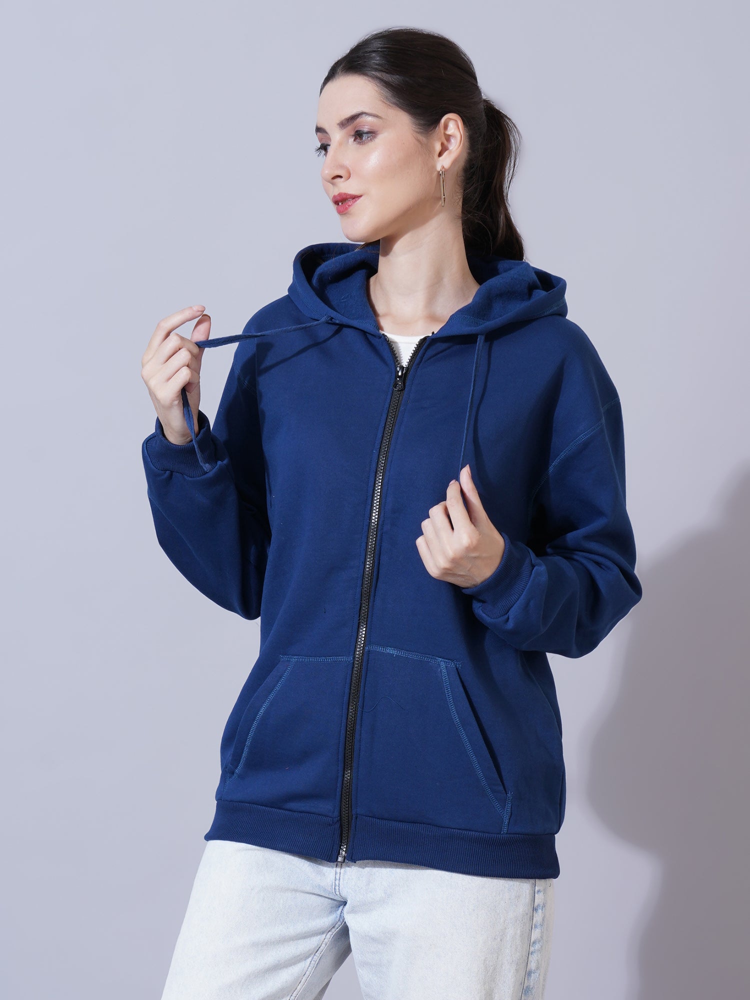 Women Navy Blue Hooded Sweatshirt