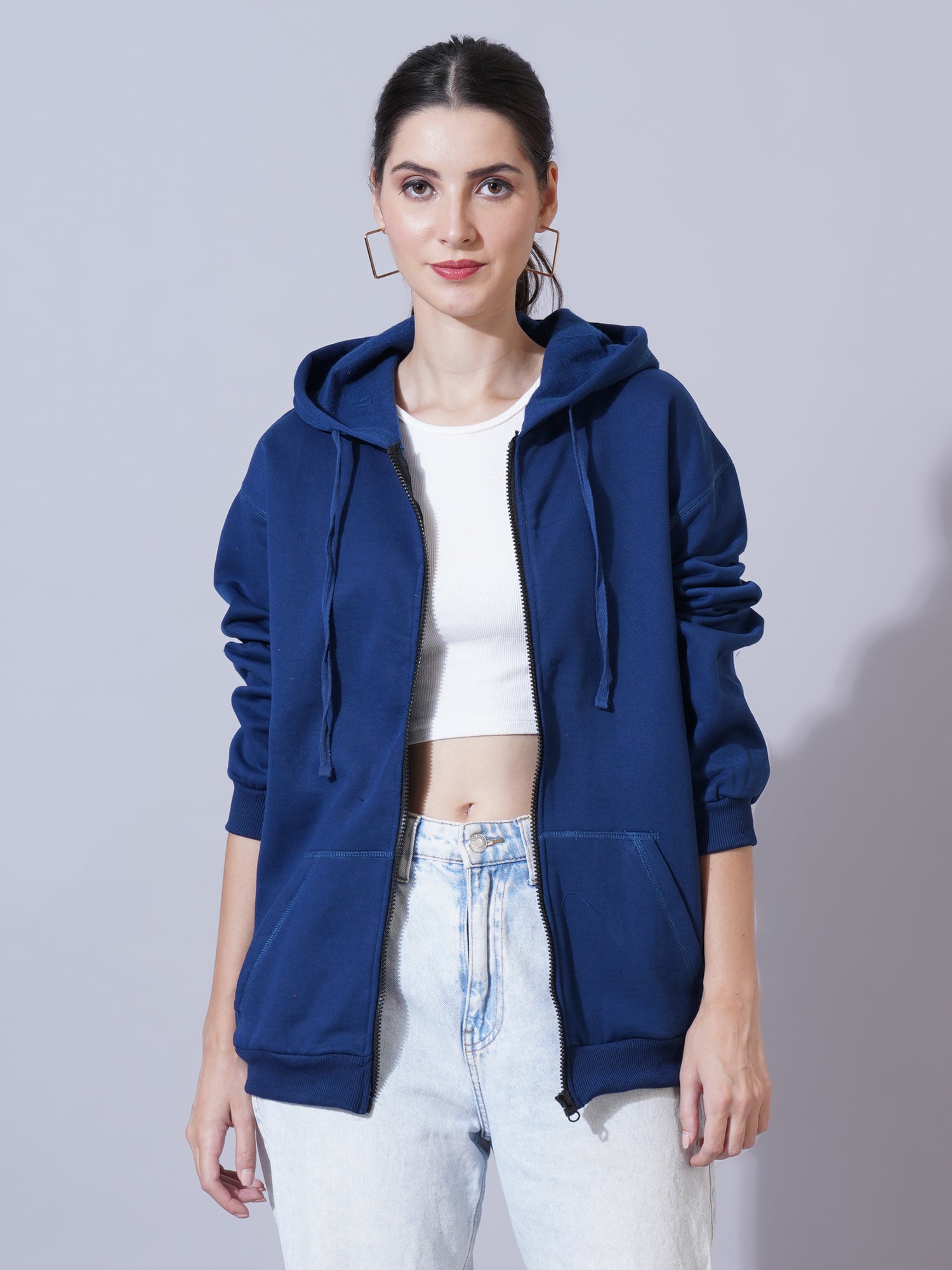 Women Navy Blue Hooded Sweatshirt