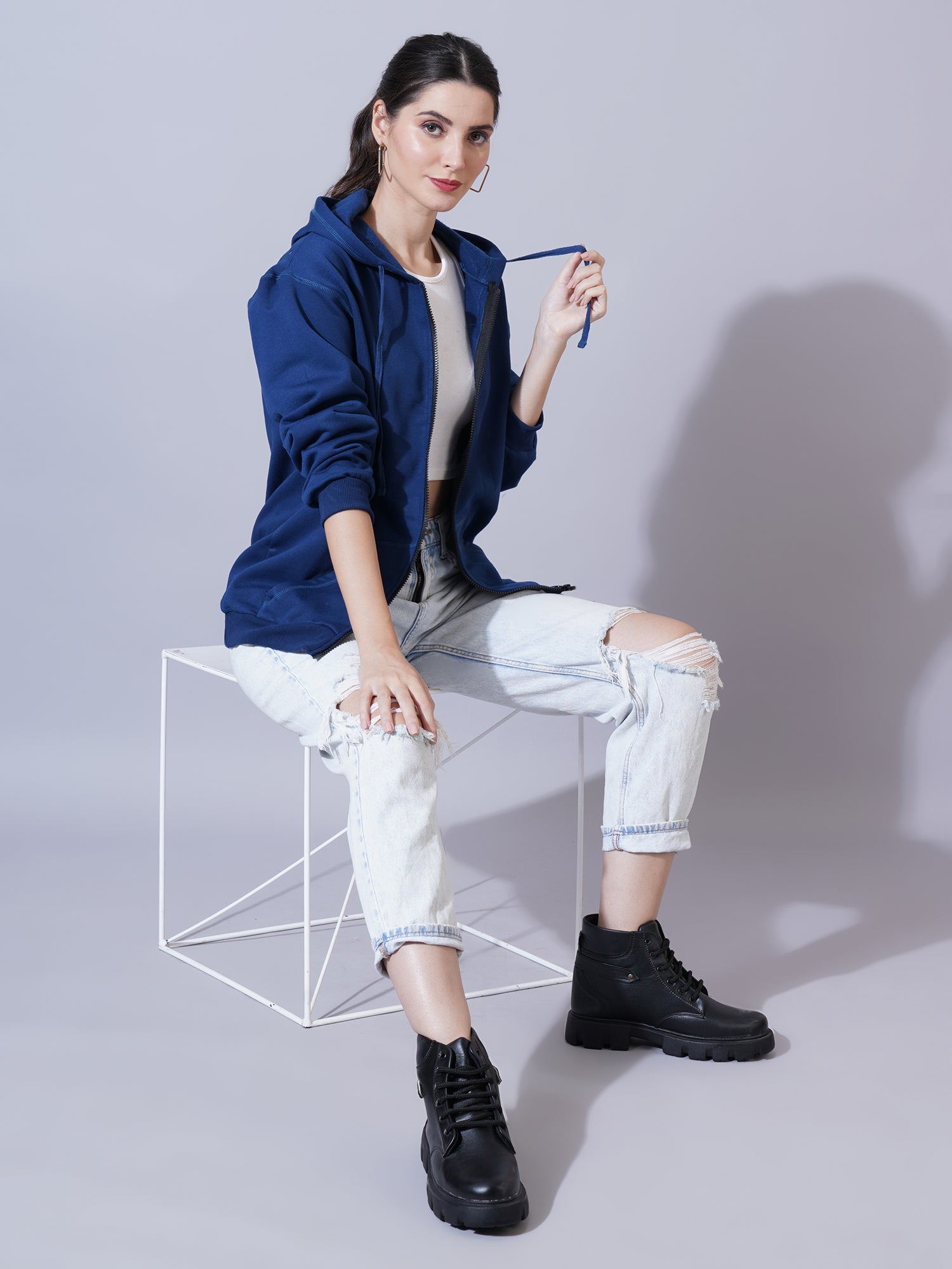 Women Navy Blue Hooded Sweatshirt