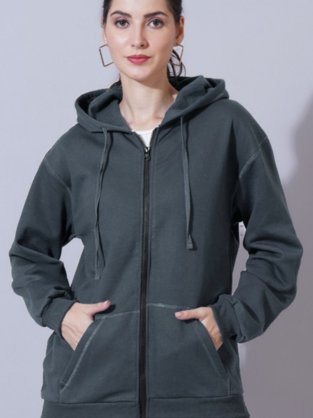 Women Grey Cotton Solid Hooded Sweatshirt