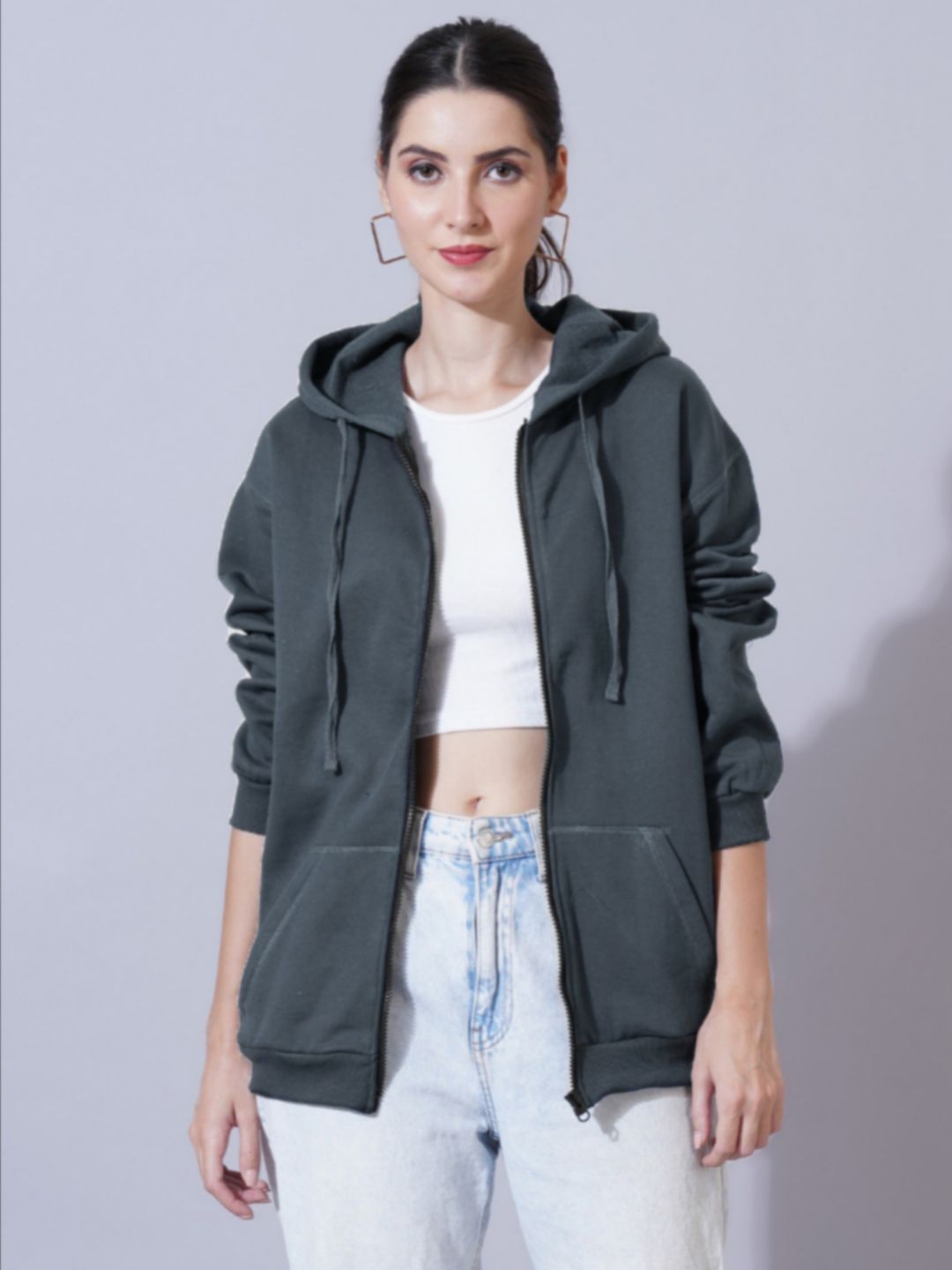 Women Grey Cotton Solid Hooded Sweatshirt