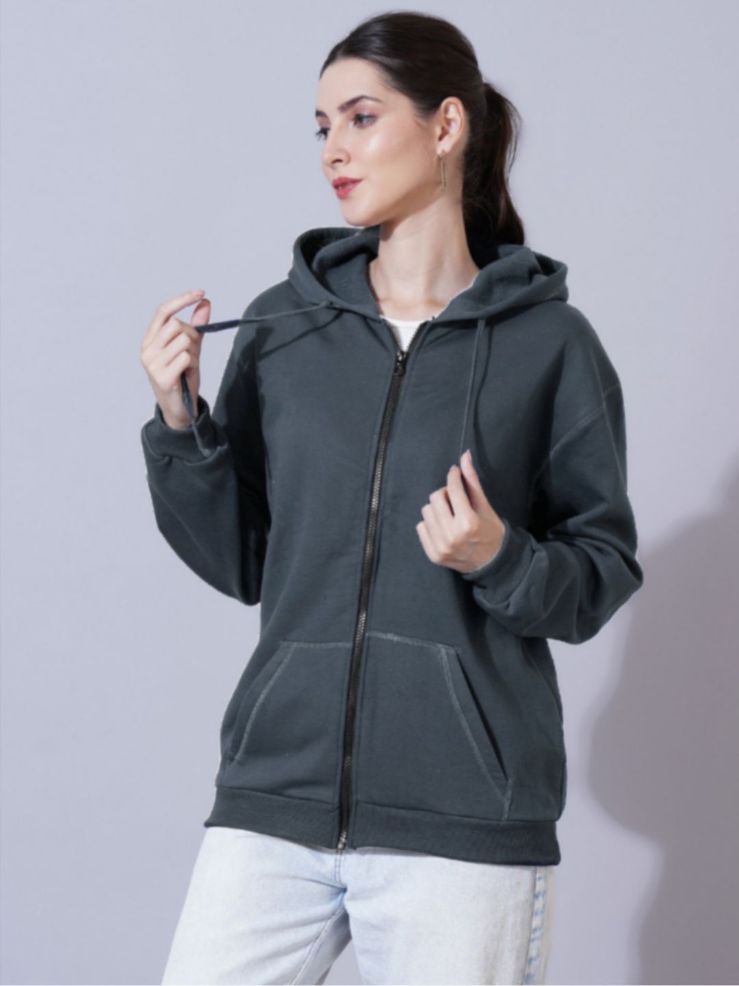 Women Grey Cotton Solid Hooded Sweatshirt