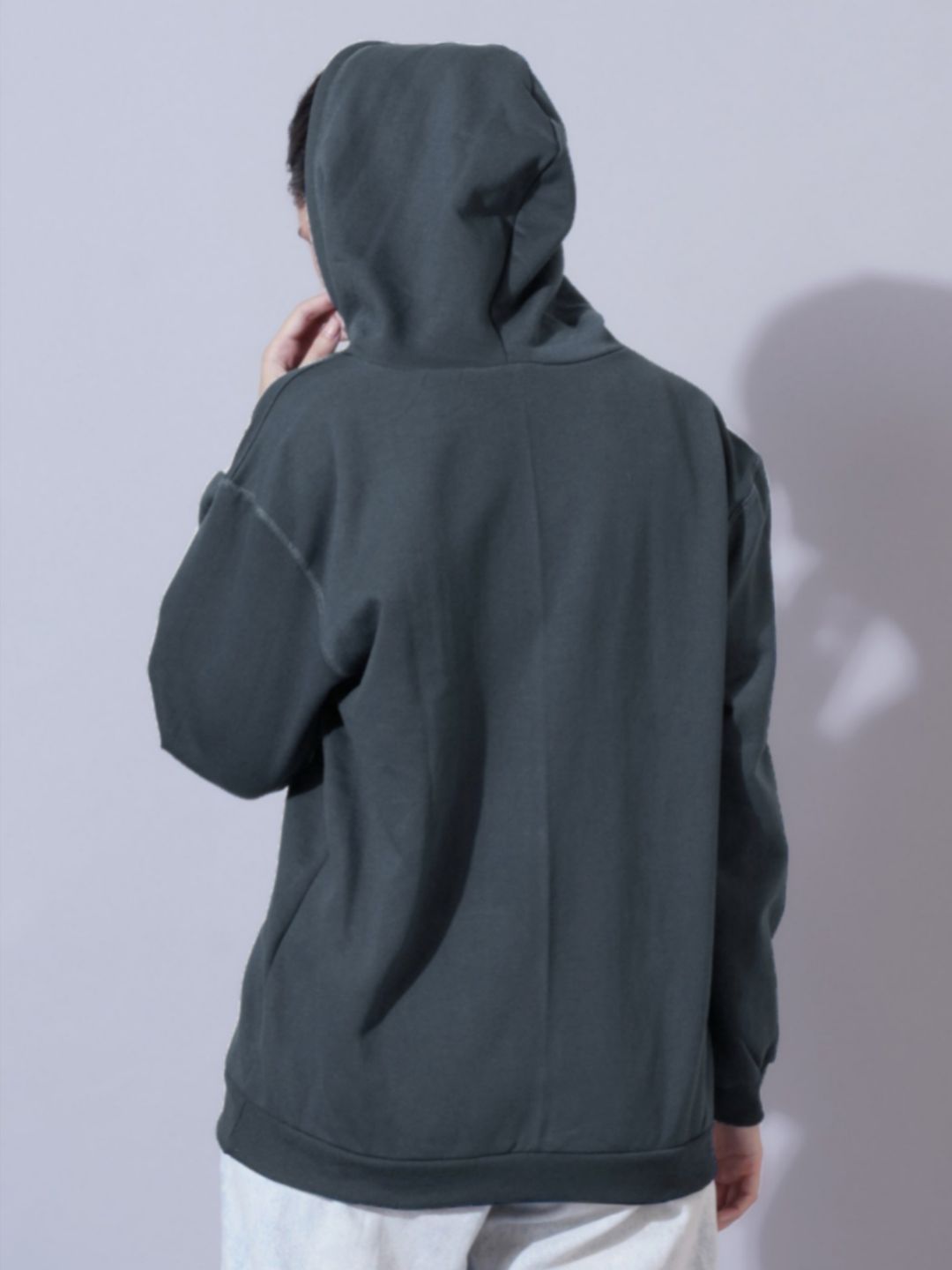 Women Grey Cotton Solid Hooded Sweatshirt