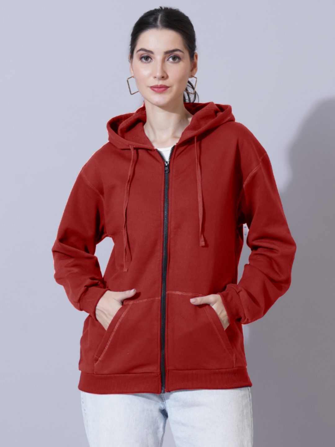 Women Red Cotton Solid Hooded Sweatshirt
