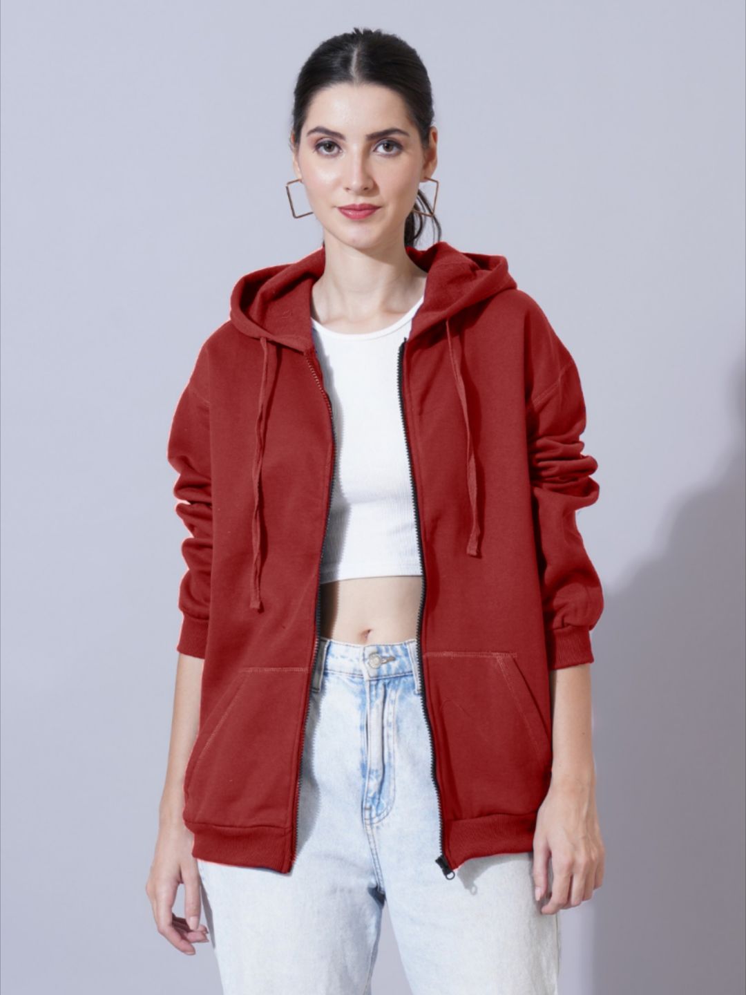 Women Red Cotton Solid Hooded Sweatshirt