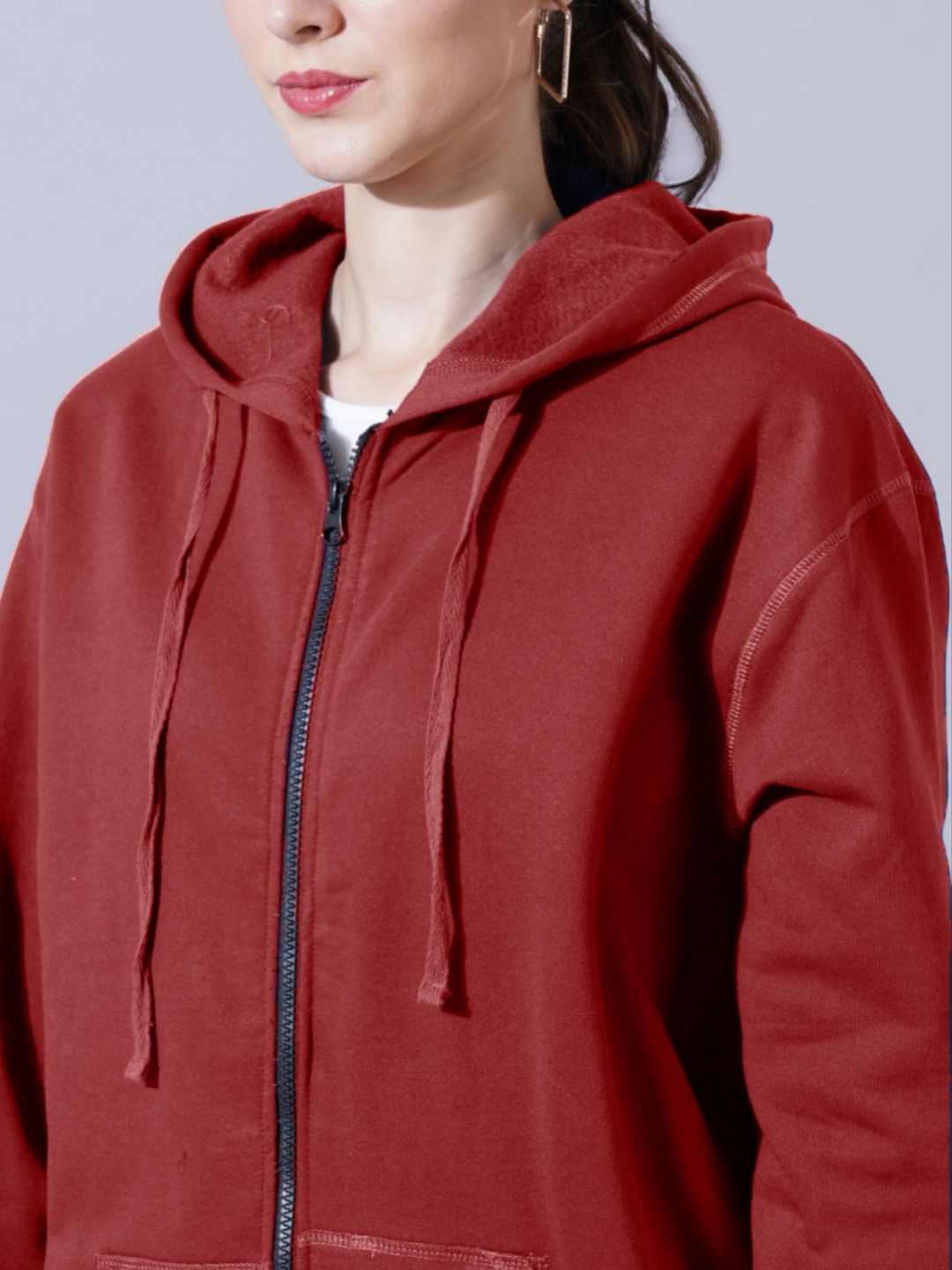 Women Red Cotton Solid Hooded Sweatshirt