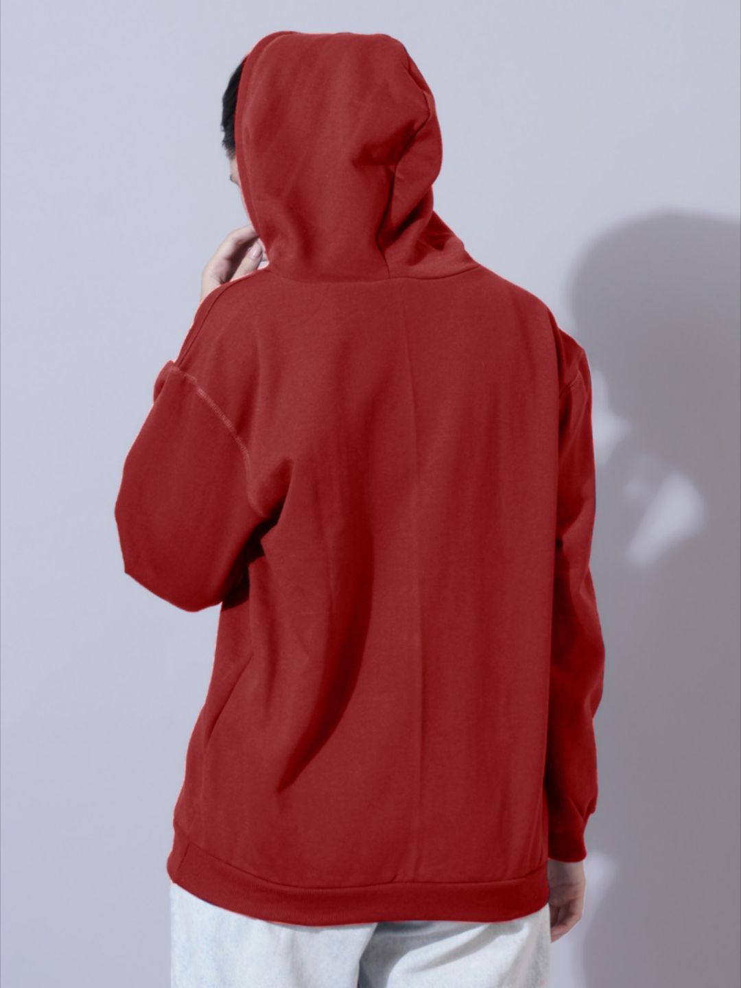 Women Red Cotton Solid Hooded Sweatshirt