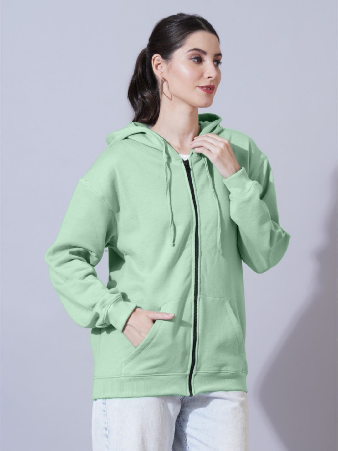 Women Sea Green Cotton Solid Hooded Sweatshirt