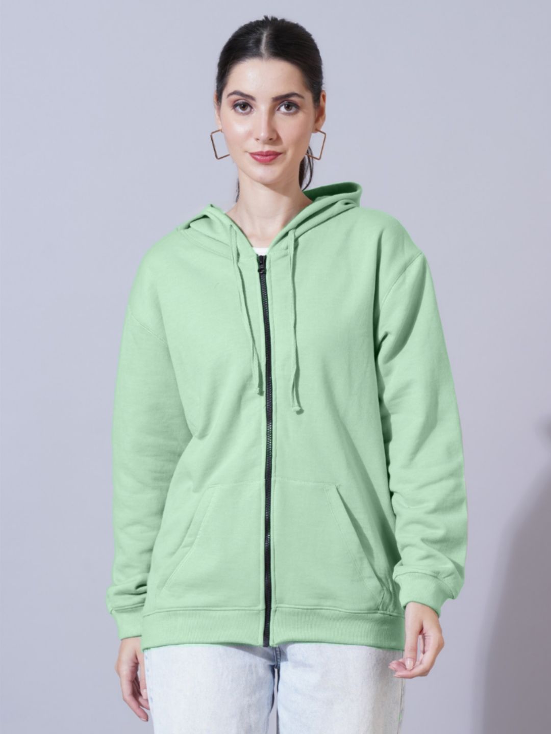 Women Sea Green Cotton Solid Hooded Sweatshirt