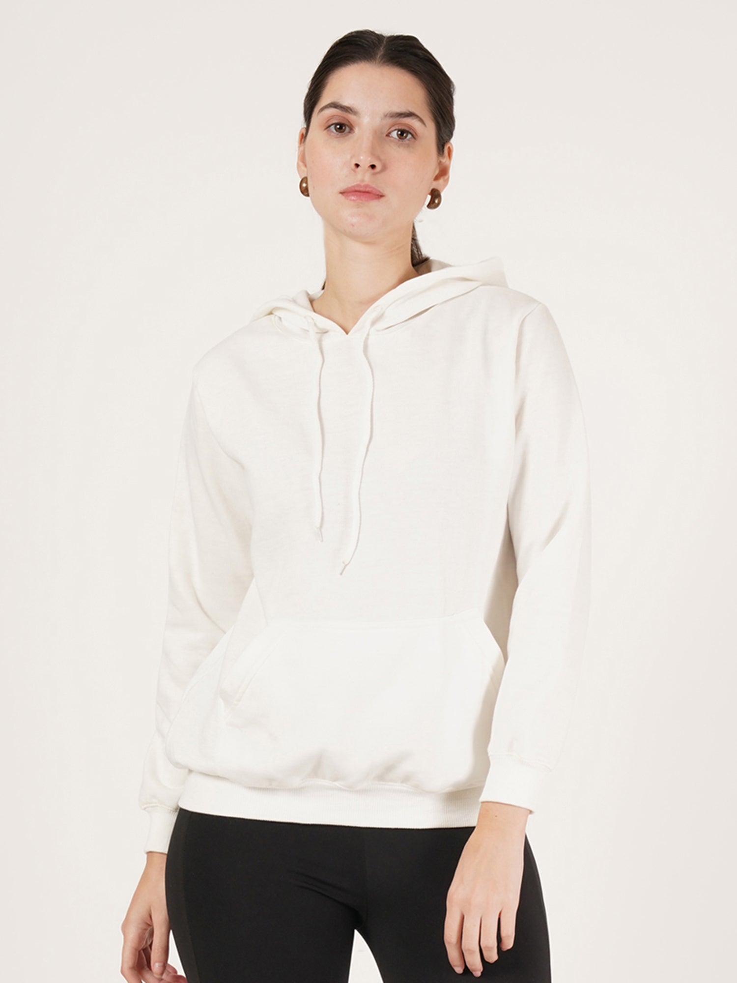 Women White Cotton Hooded Long Sleeves Pullover Sweatshirt
