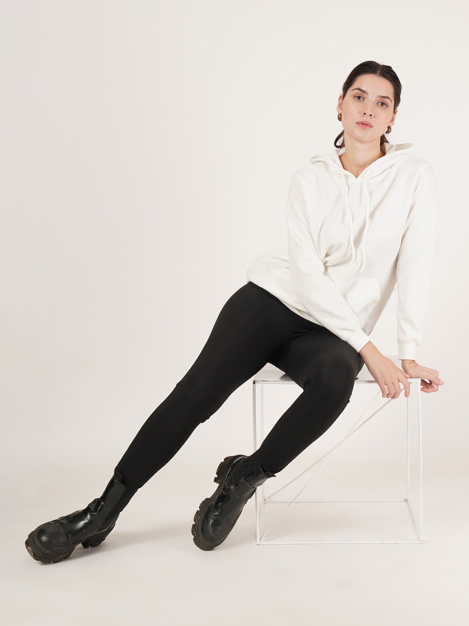 Women White Cotton Hooded Long Sleeves Pullover Sweatshirt