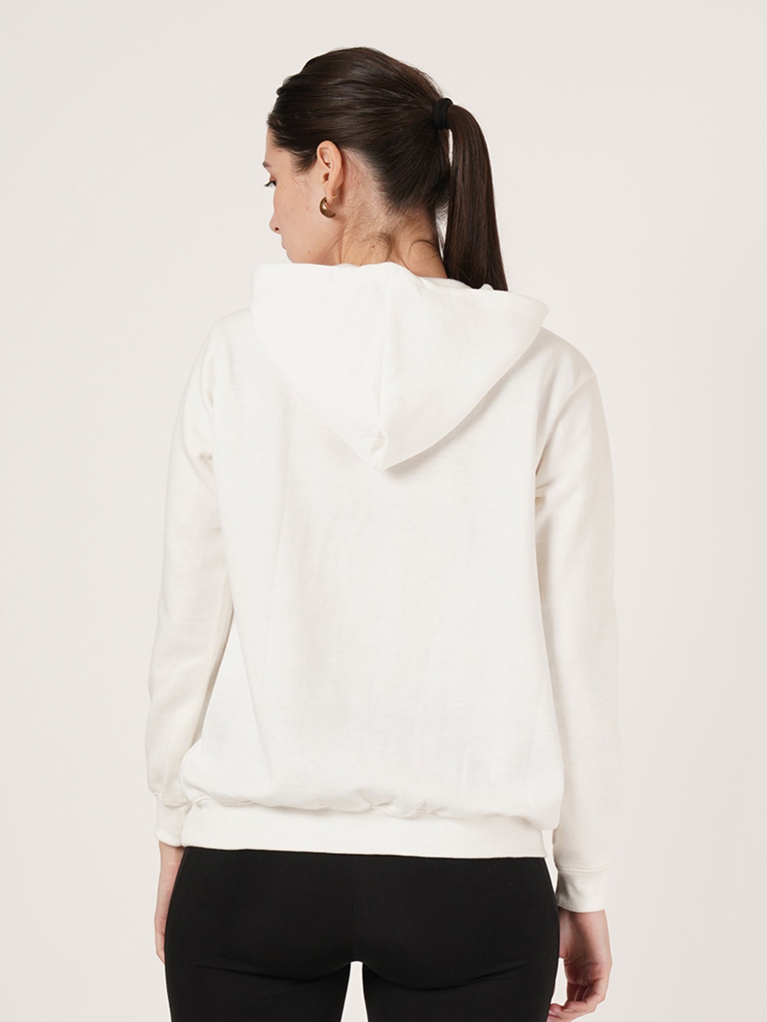 Women White Cotton Hooded Long Sleeves Pullover Sweatshirt