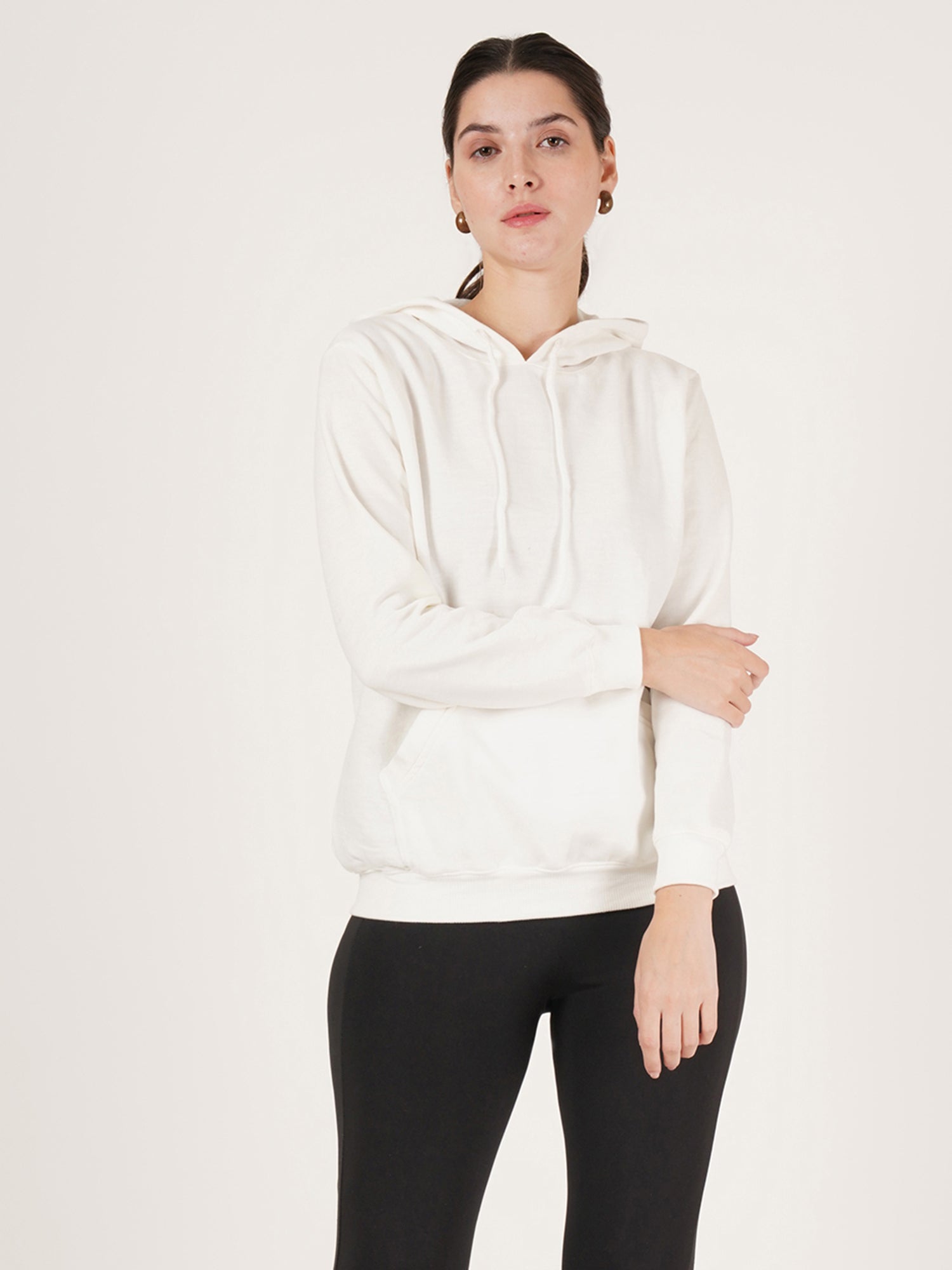 Women White Cotton Hooded Long Sleeves Pullover Sweatshirt